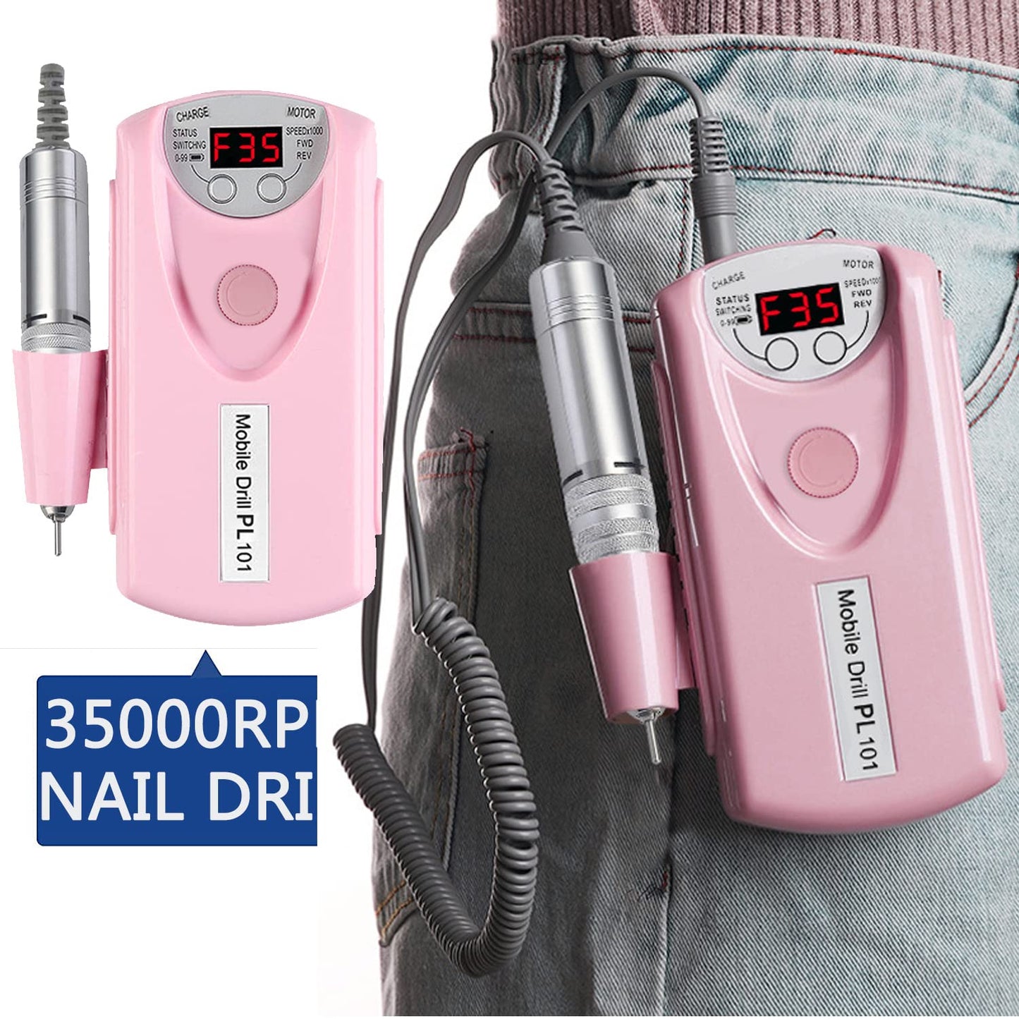 Electric Nail Drill Machine,Professional Rechargeable 35000 rpm Nail Drill, Portable Acrylic Gel Grinder Tools with 6 Bits and Sanding Bands,Manicure Pedicure Polishing Shape Tools Pink