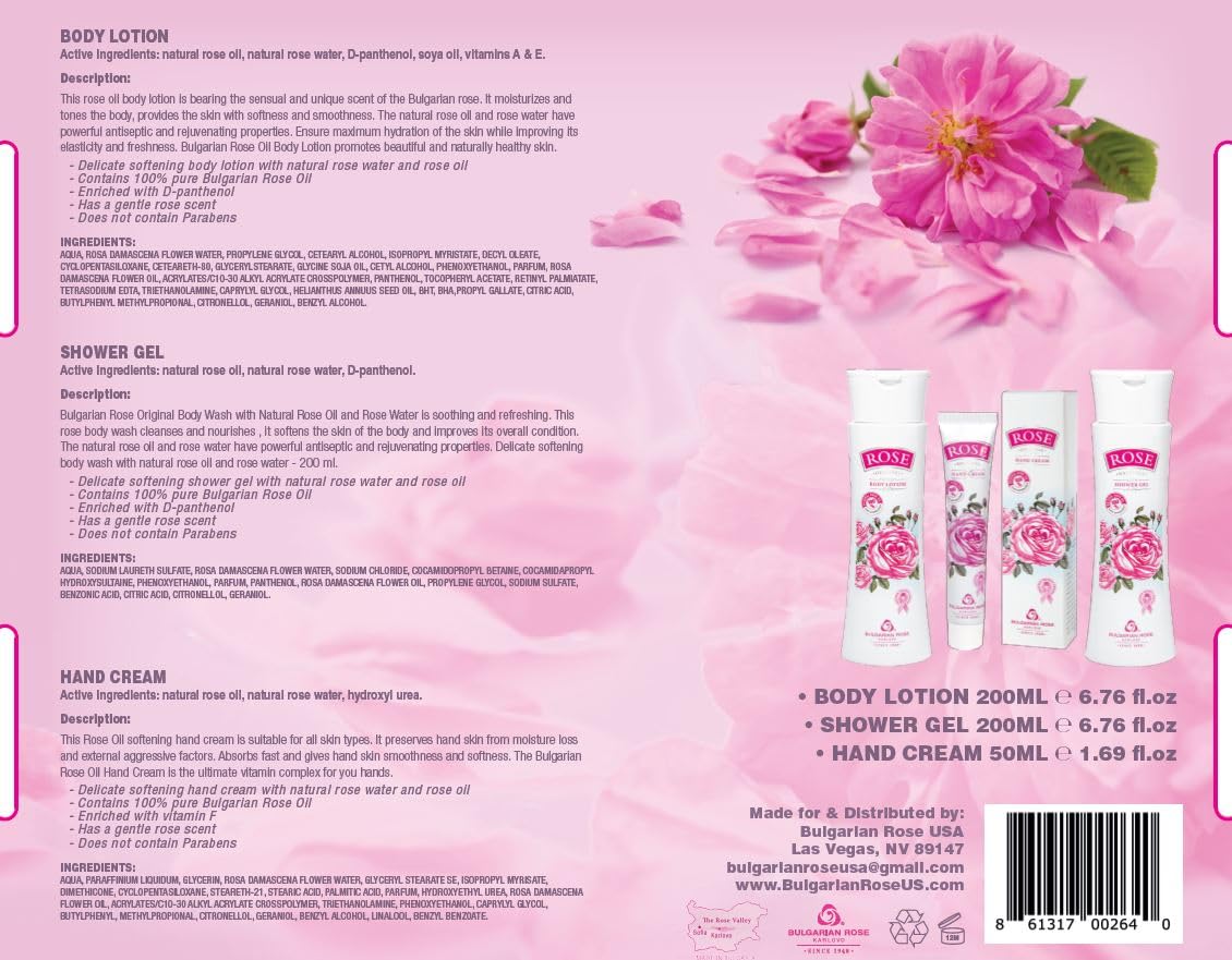 Bulgarian Rose Oil Moisturizing Body Care 3 Piece Gift Set - Natural Rose Body Lotion for Soft and Smooth Skin, Moisturizing Shower Gel and Hand Cream