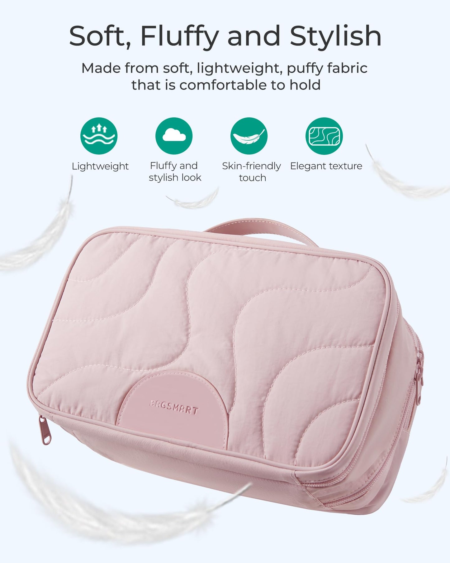 BAGSMART Travel Makeup Bag, Large Capacity Cosmetic Bags for Women, Toiletry Bag with Handle, Water-resistant Make Up Bag Travel Organizer for Accessories, Full-size Container, Toiletries, Pink