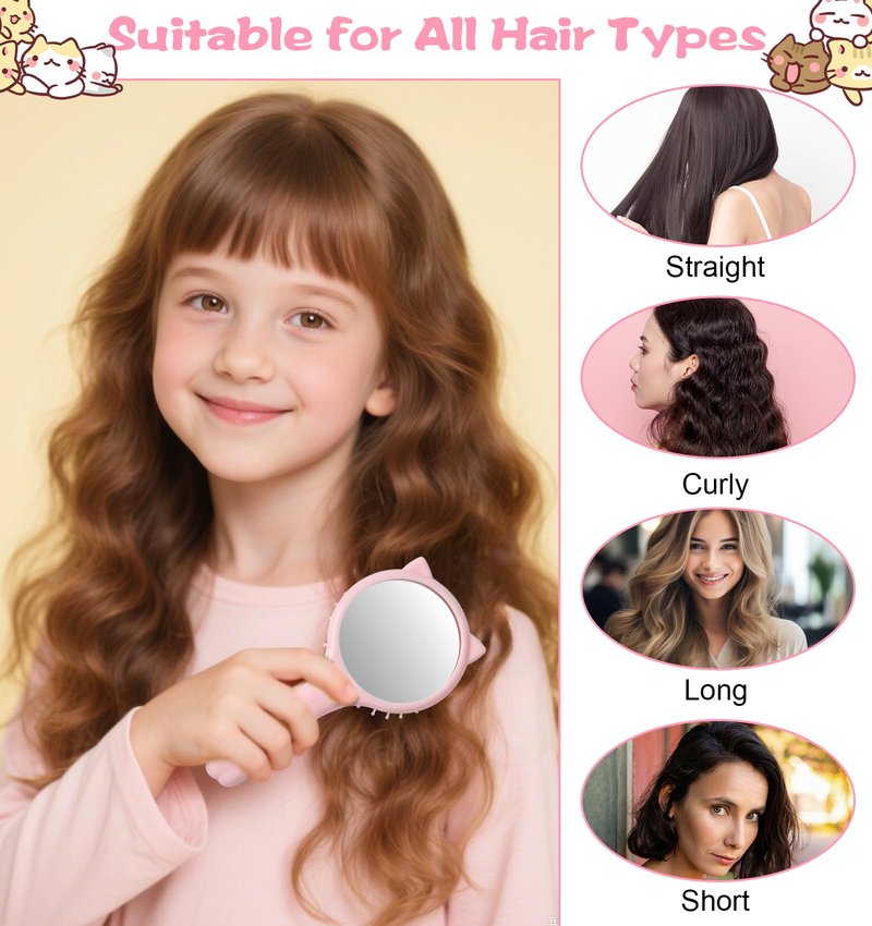 Toddler Detangler Brush, 2Pcs Kids Hairbrush with Cat's Paws Cat's Ears, Mirror and Air Cushion Base Gentle on Wet Dry Curly Hair, Tangle-free Baby Detangler Brush