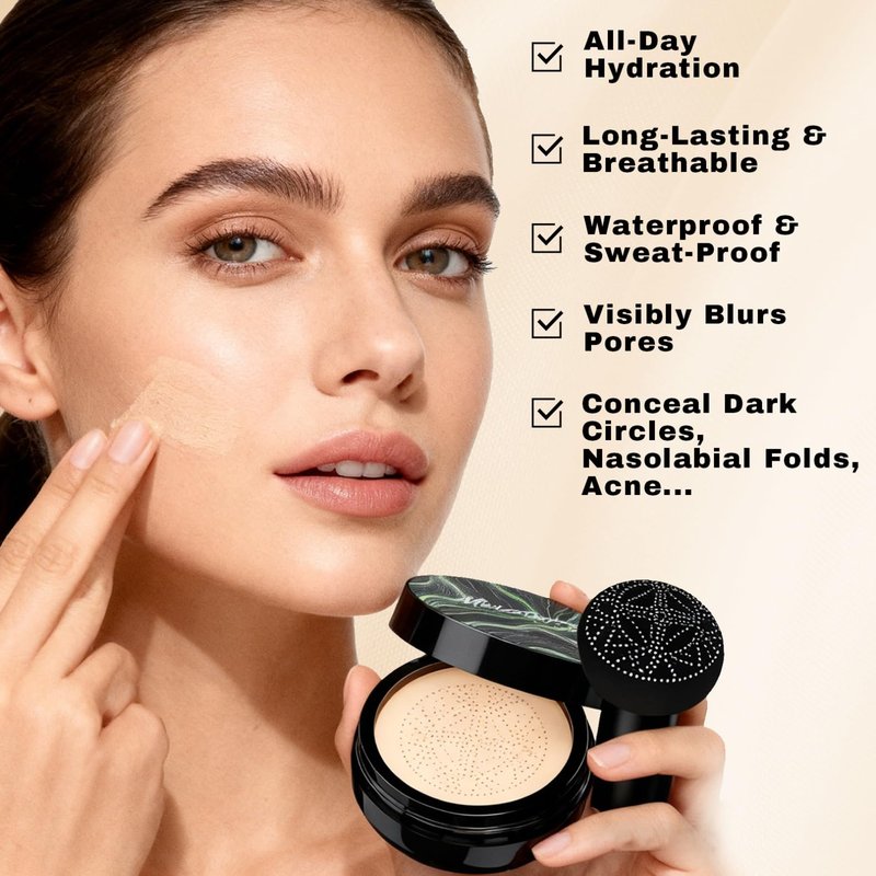 Mushroom Head Air Cushion CC Cream Gift Set, 1 Full-Size Makeup Foundation with 2 Refills & 1 Special Mushroom Head Puff, Self Adjusting Concealer (Natural)