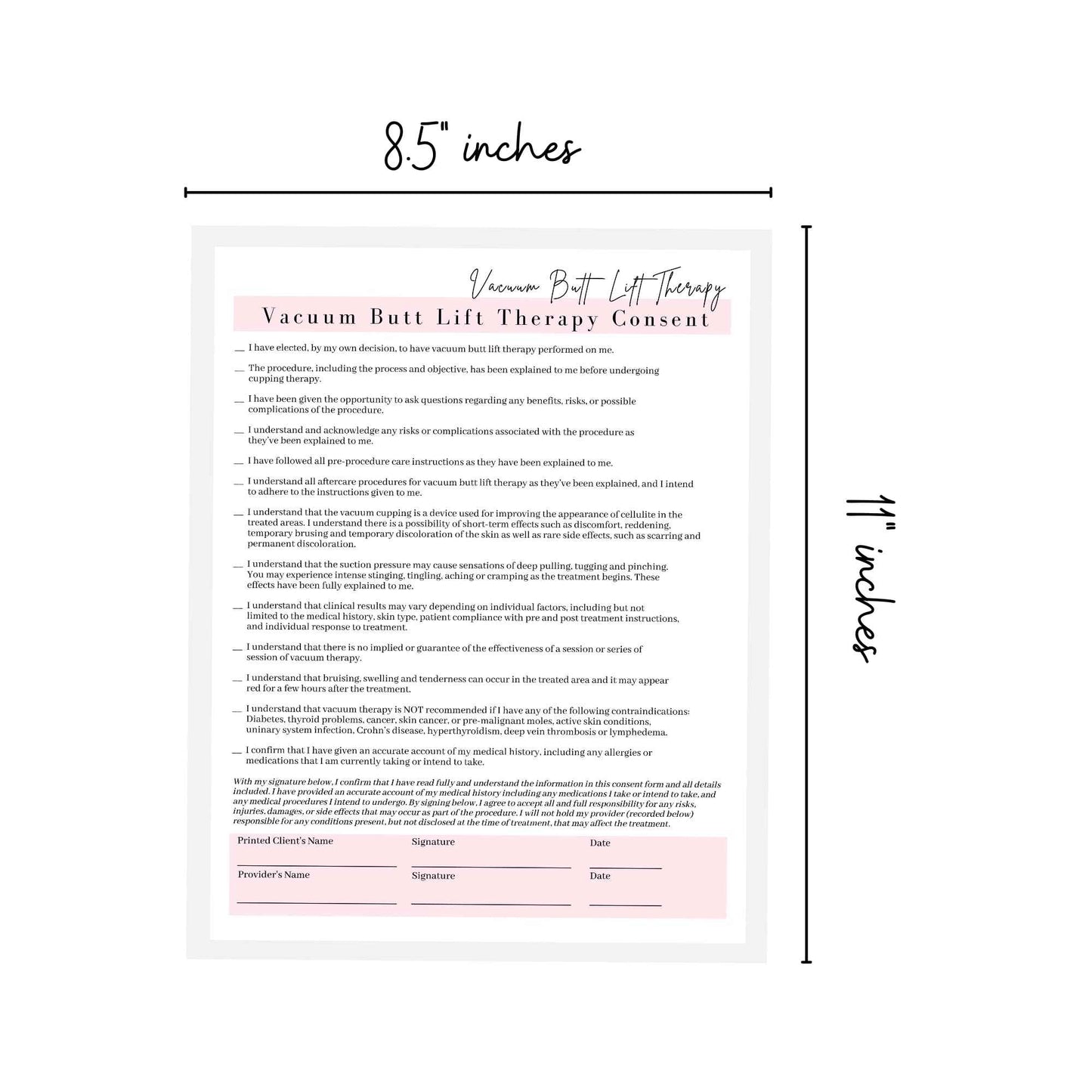 Vacuum Butt Lift Therapy Intake, Consent, and Aftercare Form | 75 Pack | 8.5x11" inch Paper Size Form | Eyelash Extension Supplies | Client Signature | Butt Lift Cupping | White and Pink Design