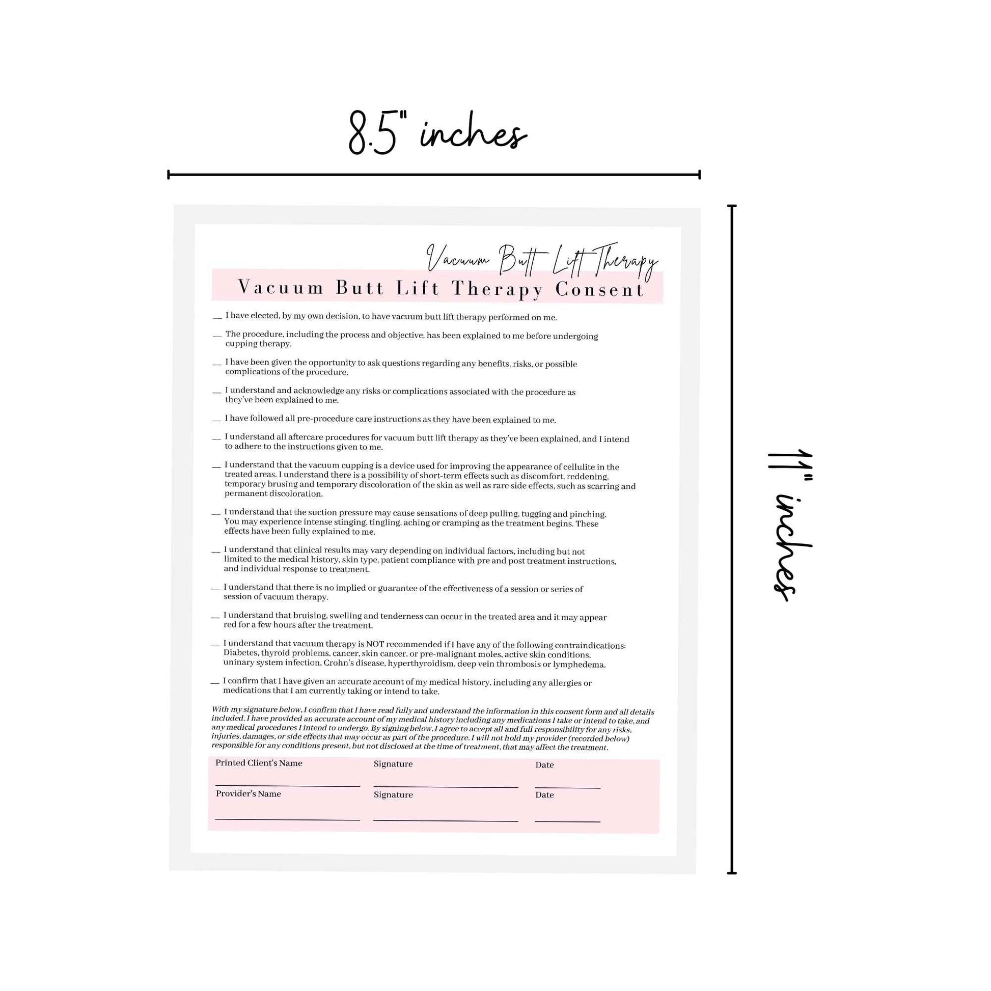 Vacuum Butt Lift Therapy Intake, Consent, and Aftercare Form | 75 Pack | 8.5x11" inch Paper Size Form | Eyelash Extension Supplies | Client Signature | Butt Lift Cupping | White and Pink Design