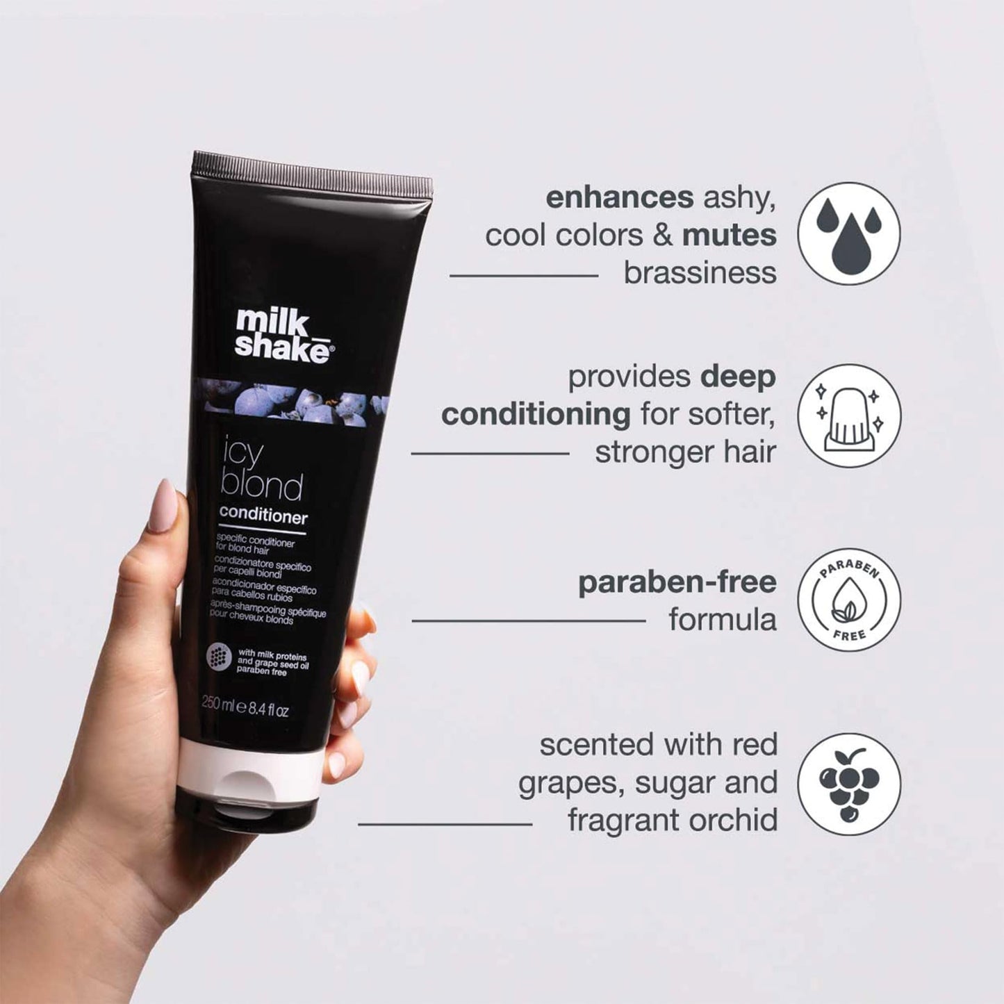 milk_shake icy blond conditioner | award winning toning conditioner with black pigment to neutralize yellow and brass in platinum blonde hair | hydrates and brightens cool tones