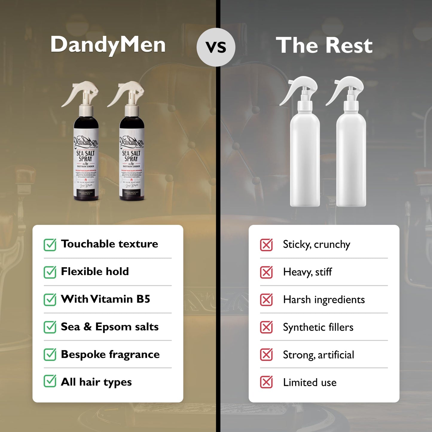DandyMen Sea Salt Spray for Men – Texturizing & Volumizing Hair Spray for Beachy Waves, Matte Finish - Saffron Ember, 2-pack