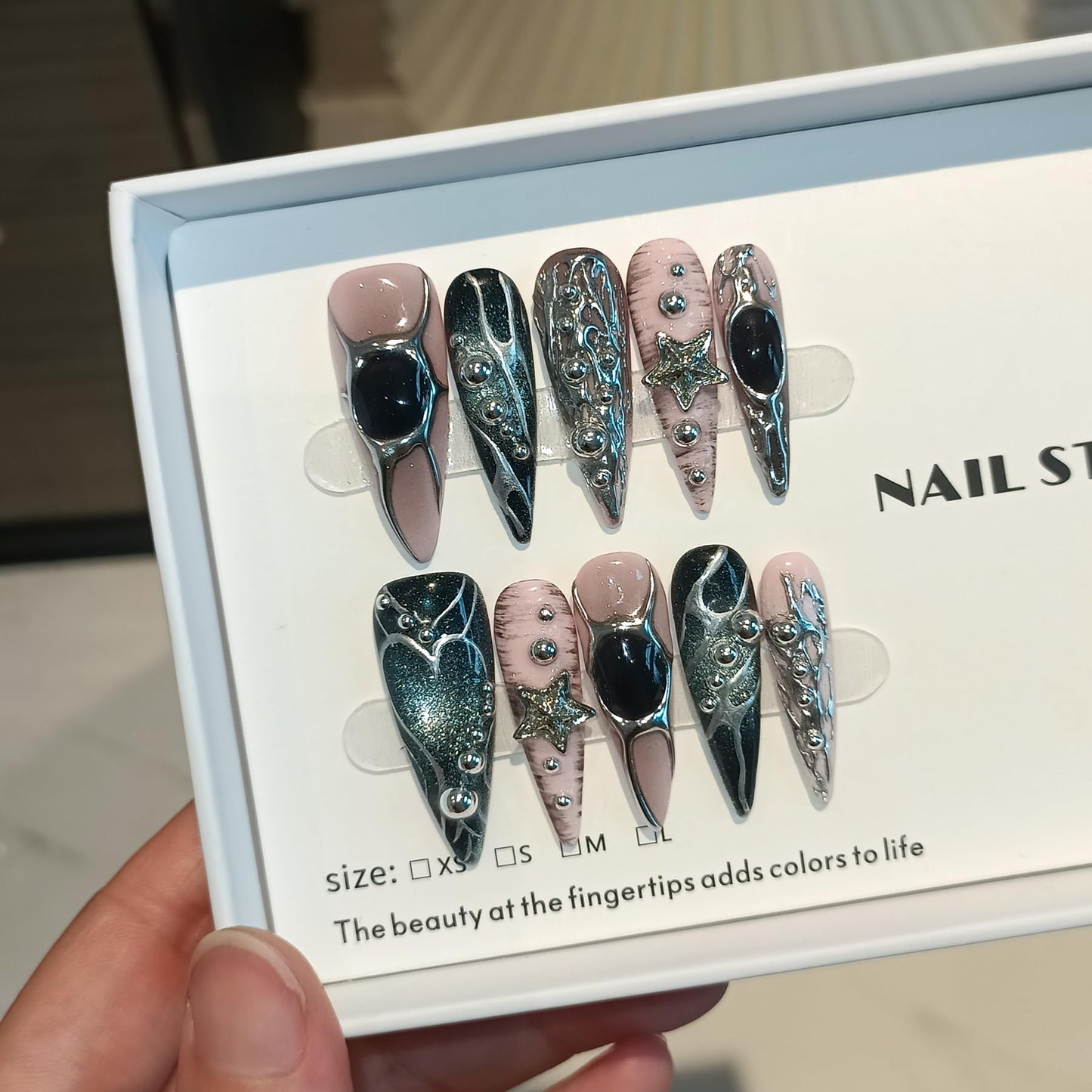 TENPAL Pink Black Press on Nails Long Stiletto,Metal Gothic Fake Nails with Punk Stars Beads,Cat Eye Glitter Edgy Y2K Ins False Nails with Tools,Sweet Grunge Irregular 3D Handmade Nails 10pcs(S)