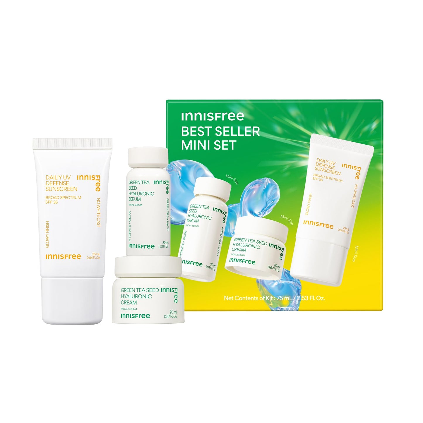 innisfree Hydrate & Protect Mini Set, Korean Serum, Cream & Sunscreen with Green Tea and Hyaluronic Acid, Travel Skincare Trio