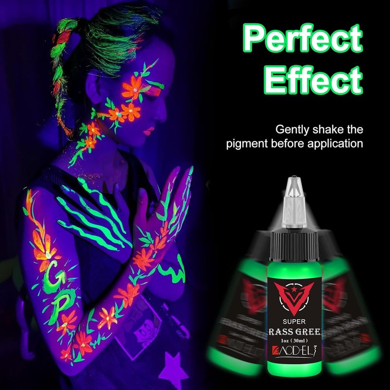 Fluorescent Tattoo Ink Set - 9 Colors for Glow-in-the-Dark Body Art | Skin-Safe 1oz Bottles