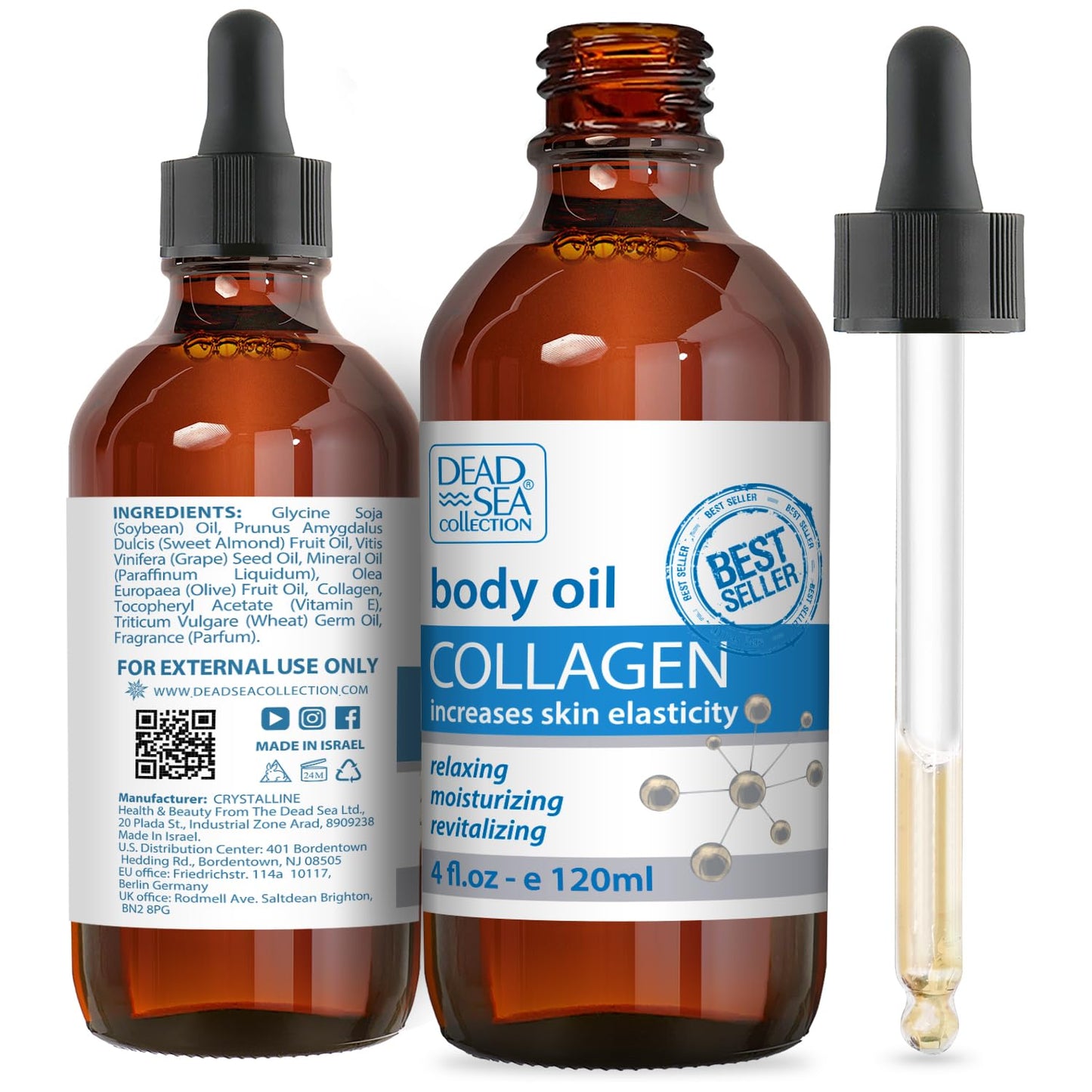 Dead Sea Collection Body Oil for Dry Skin - Collagen & Vitamin E - Moisturizing & Nourishing, Anti-Aging & Skin Elasticity Support for Face Pack of 2 (4 Fl. Oz Each)