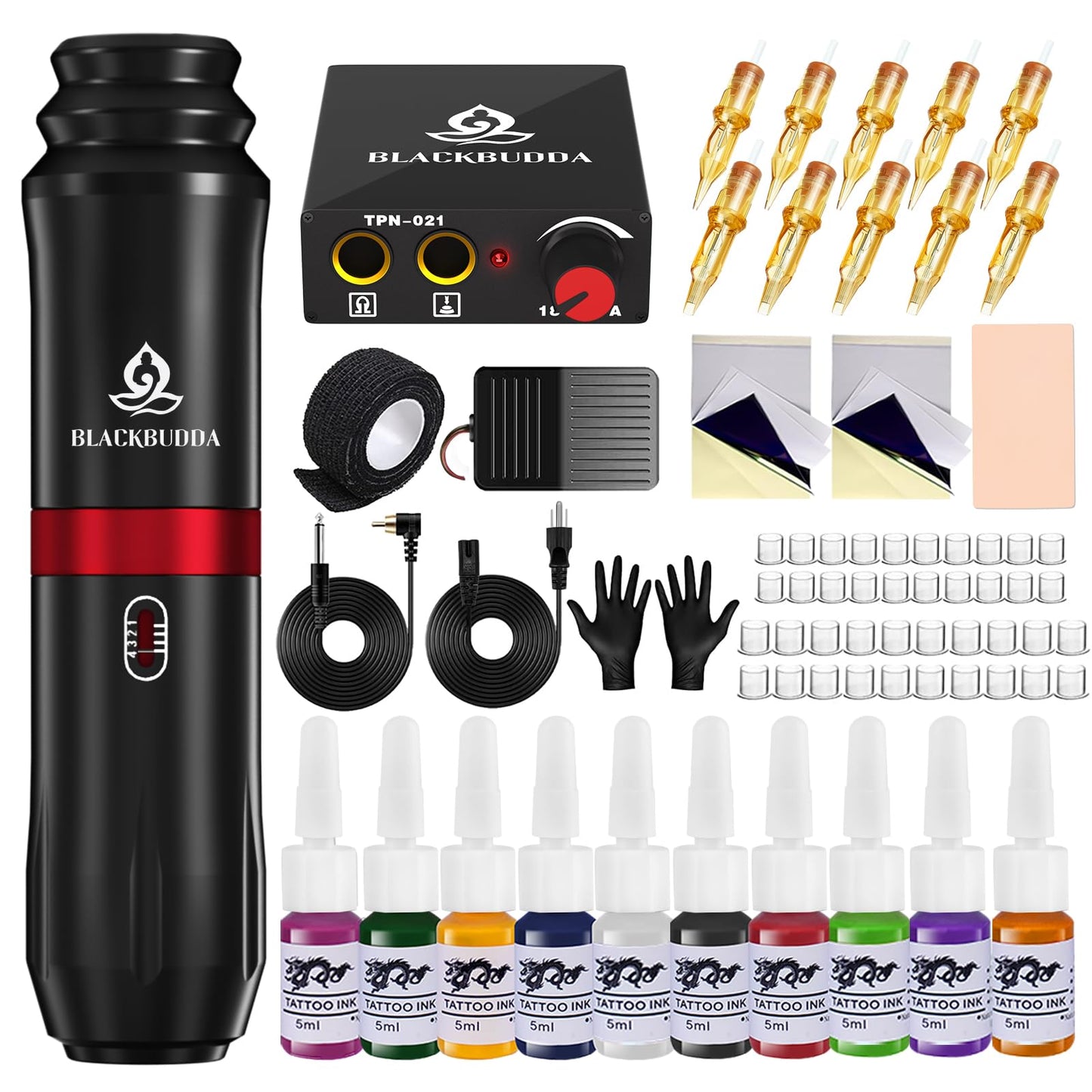 Blackbudda Tattoo Kit for Beginners, Complete Tattoo Gun Kit with Rotary Pen, Power Supply, Foot Pedal, 7 Inks, 10 Cartridge Needles, Practice Skin - 40 Piece Tattoo Supplies Starter Set (Black)