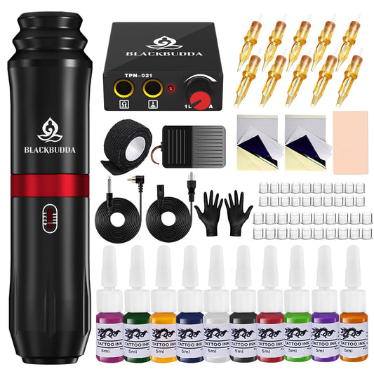 Blackbudda Tattoo Kit for Beginners, Complete Tattoo Gun Kit with Rotary Pen, Power Supply, Foot Pedal, 7 Inks, 10 Cartridge Needles, Practice Skin - 40 Piece Tattoo Supplies Starter Set (Black)
