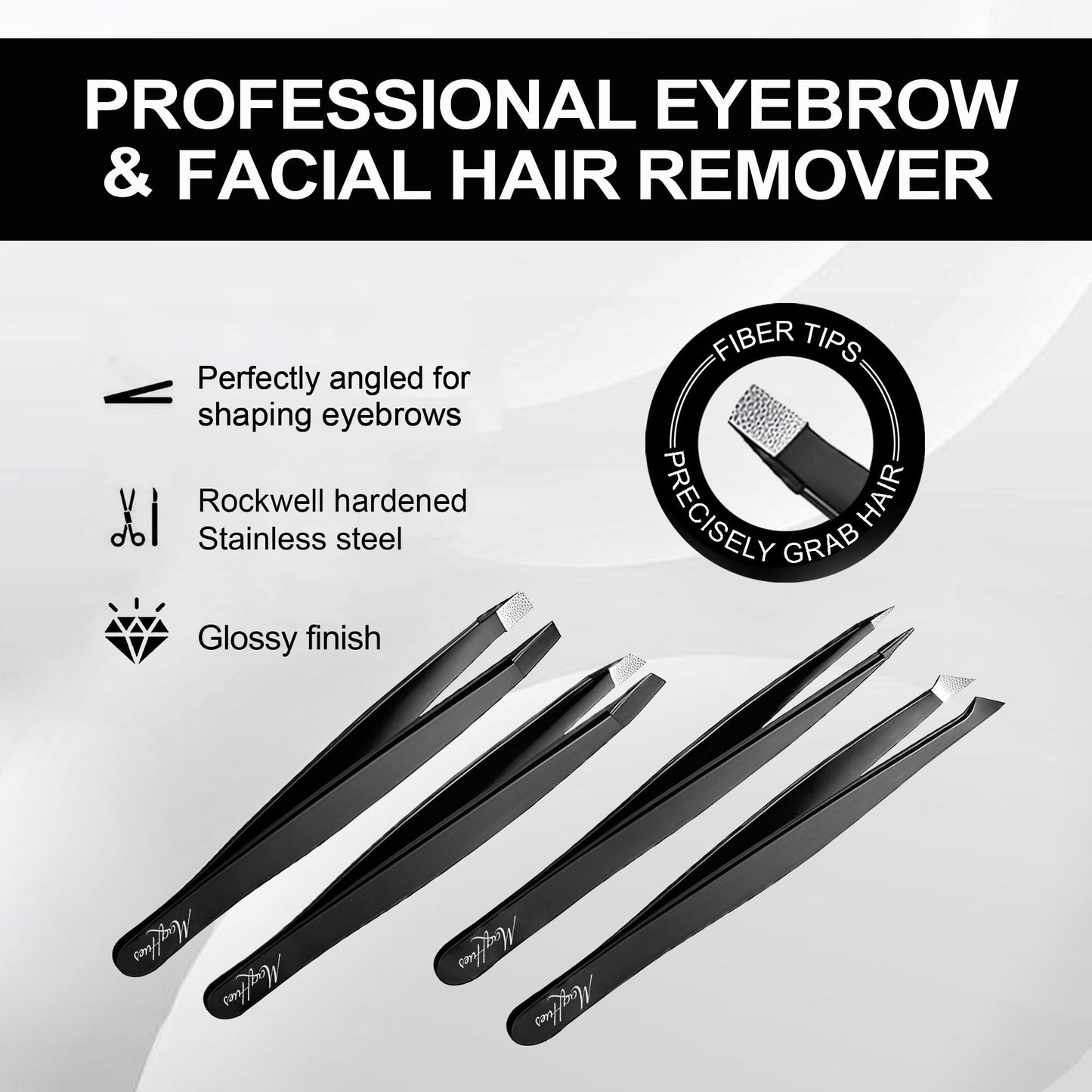 MaqHues Fiber Tip Eyebrow Tweezers Set for Women & Men, 4 Pcs Professional Stainless Steel Tweezer Kit with Slant, Pointed, Flat & Pointed-Slant Tips for Facial Hair & Eyebrow Removal (Silver)