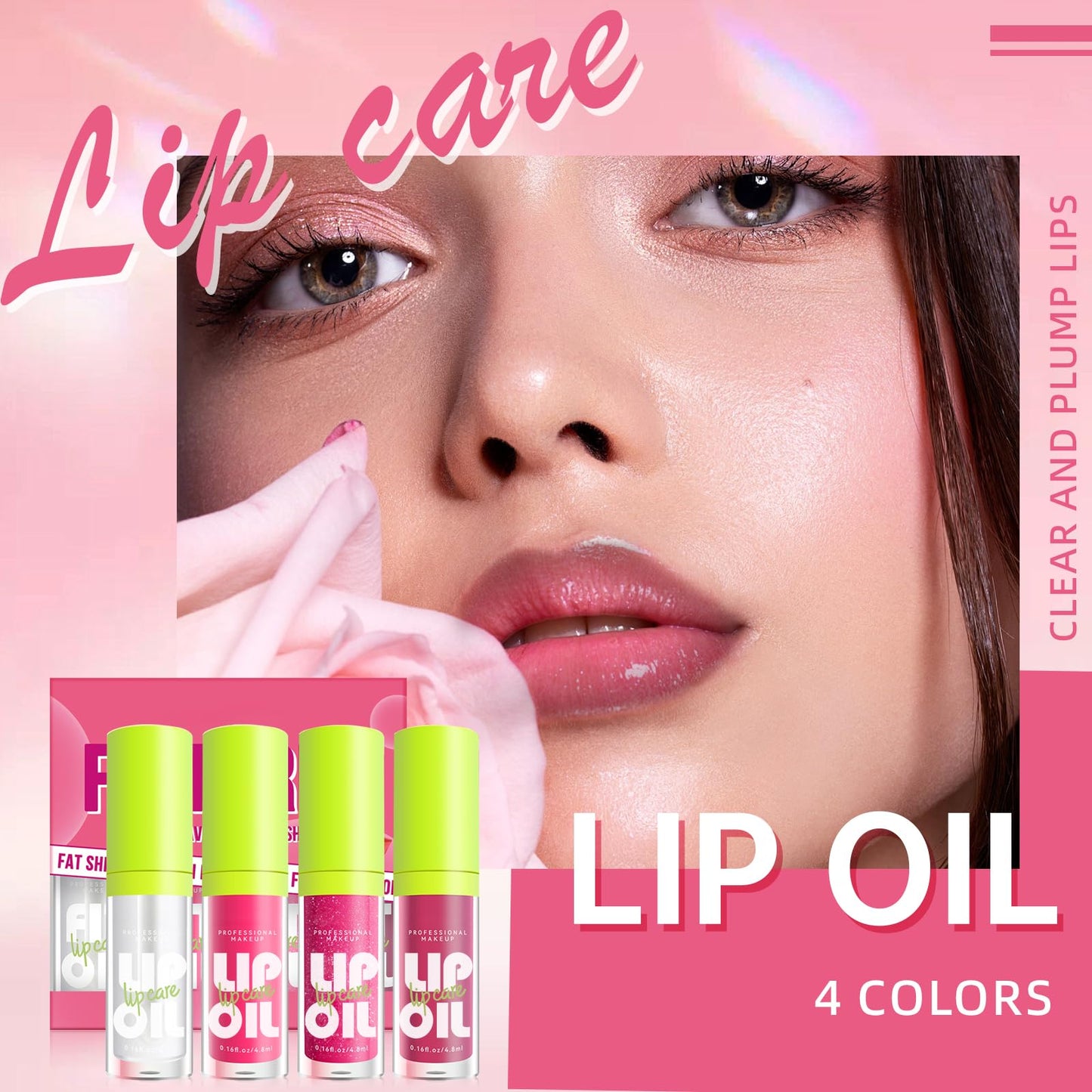 HOSAILY 4 Colors Hydrating Lip Oil Plumping + Lip Liner Set, Shiny Glow Reviver Lip Care Oil, Moisturizing Big Brush Head Clear Pink Glitter Transparent Lip Gloss Combo Makeup Present for Women