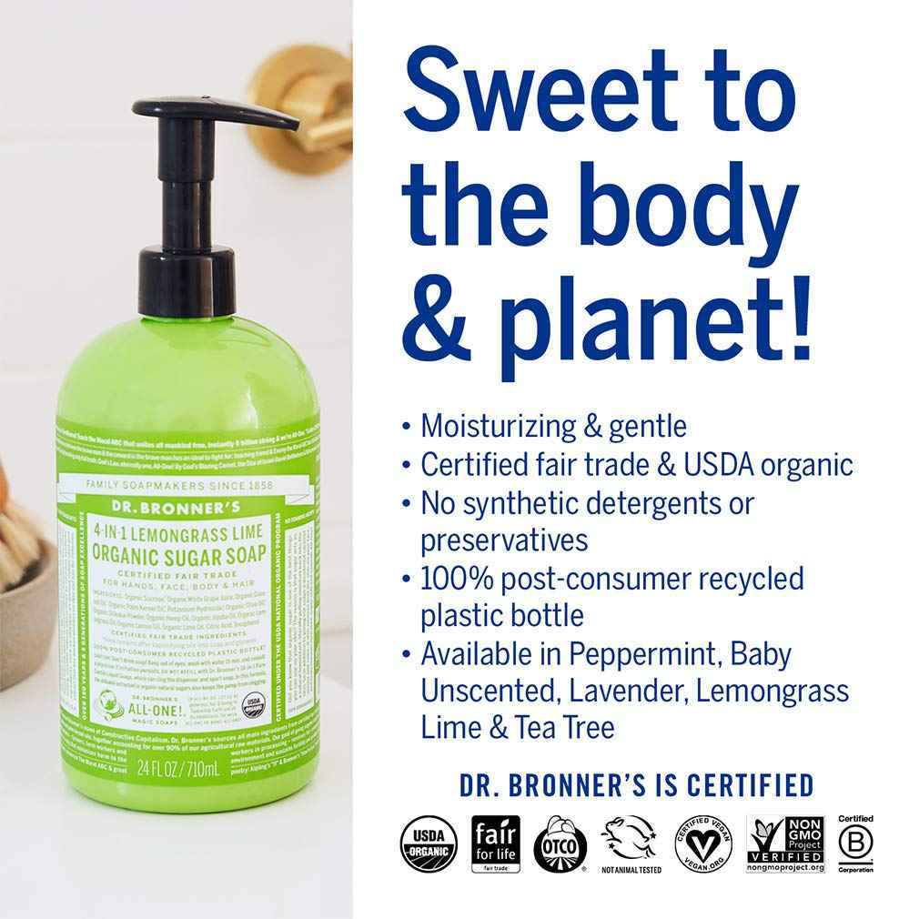Dr. Bronner's - Organic Sugar Soap (Lemongrass, 12 Ounce) - Made with Organic Oils, Sugar and Shikakai Powder, 4-in-1 Use: Hands, Body, Face and Hair, Cleanses, Moisturizes and Nourishes, Vegan