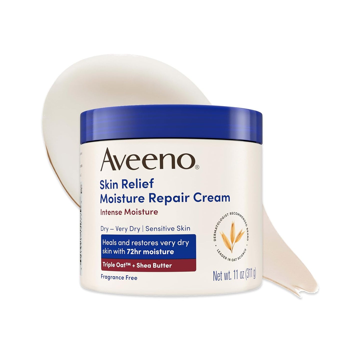 Aveeno Skin Relief Intense Moisture Repair Body Cream with Triple Oat & Shea Butter Formula, Helps Relieve & Restore Extra-Dry Skin with Long-Lasting Moisture, Fragrance-Free, 11 oz