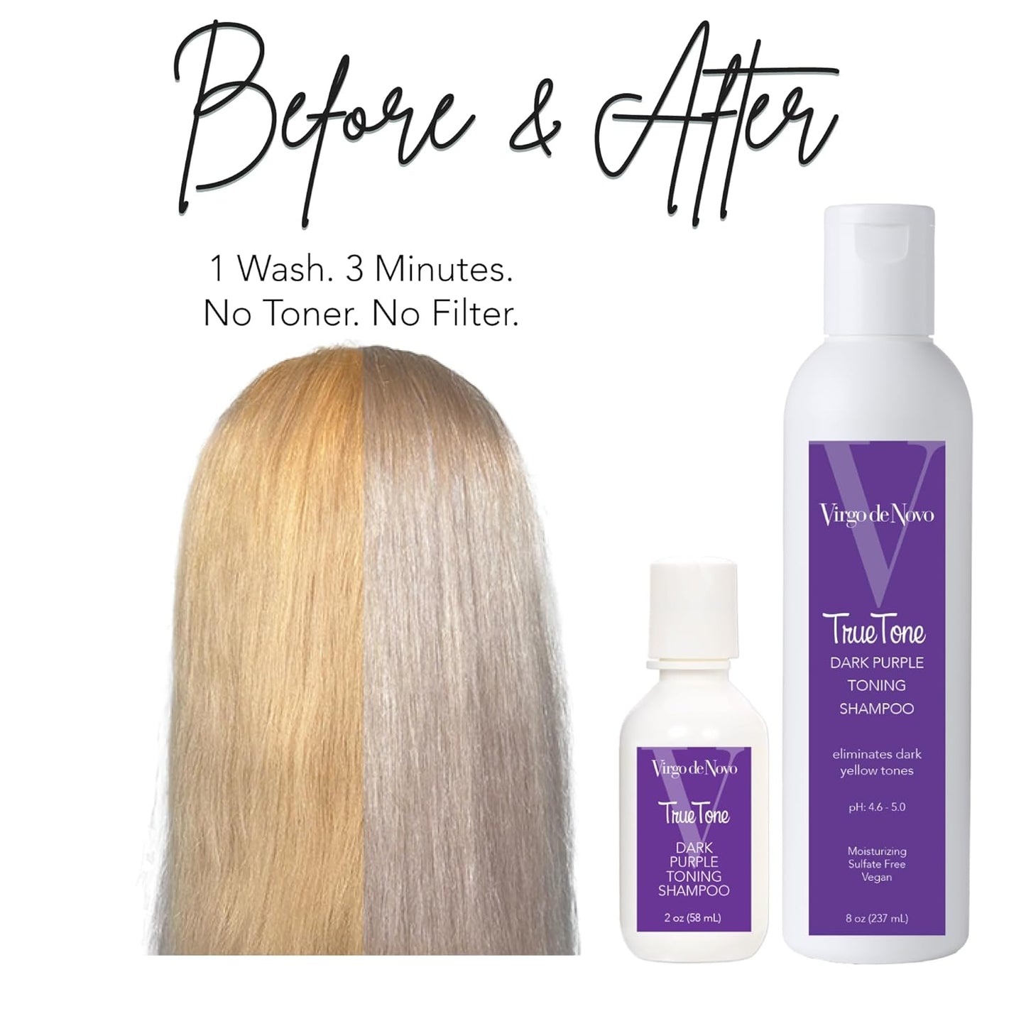 Virgo de Novo Dark Purple Toning Shampoo - Neutralizes Brassiness, Brightens Blonde & Grey Hair | Sulfate-Free, 8 oz