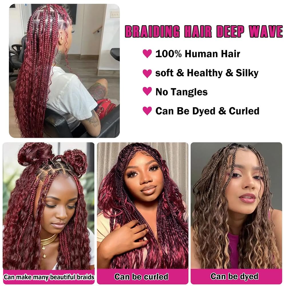 Human Braiding Hair 2 Bundles/Pack 100g Burgundy 99J Curly Deep Wave Human Bulk Hair for Braiding No Weft 10A Brazilian Virgin Human braiding Hair 99J (Burgundy 99J, 14 inch/100g)