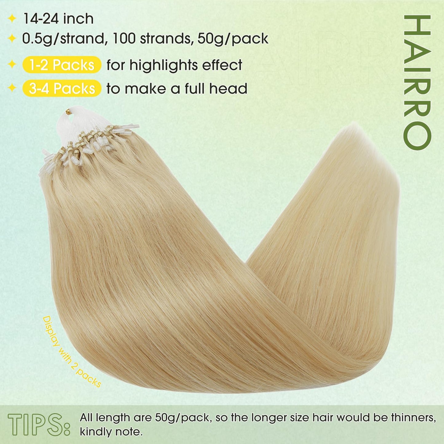 Hairro Microlink Hair Extension Remy Keratin Itip Micro Bead Fusion Hair Micro Loop Micro Link Beads Brazilian I Tipped Remy Hairpiece For Women 14 inch 50g 100 Strands #613 Light Blonde