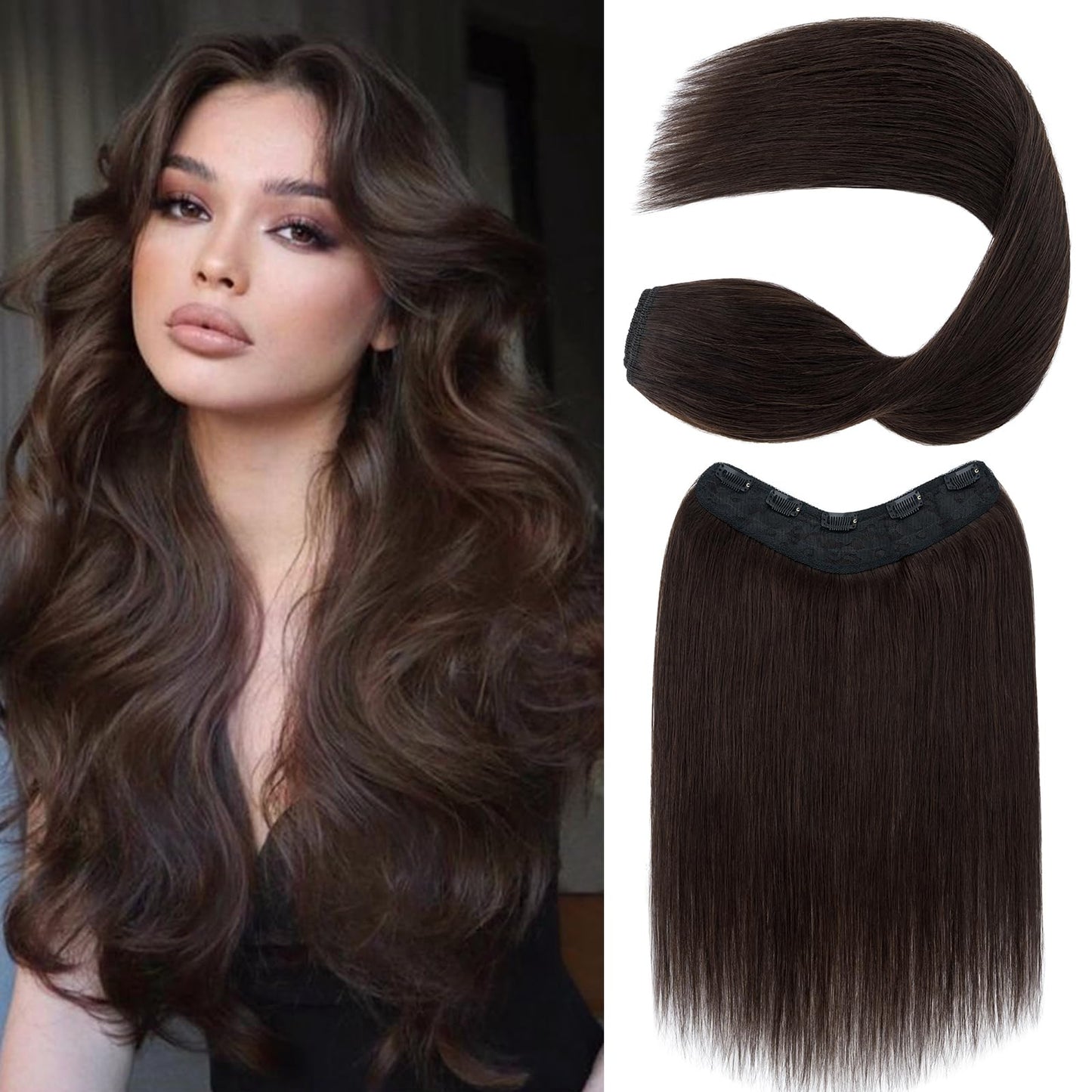 S-noilite Clip in Hair Extensions Human Hair 5 Clips 3/4 Full Head V Part Weft Thicker Hair Lace Net One Piece Hair Extensions Clip in Human Hair (12"-50g,#02 Dark Brown)