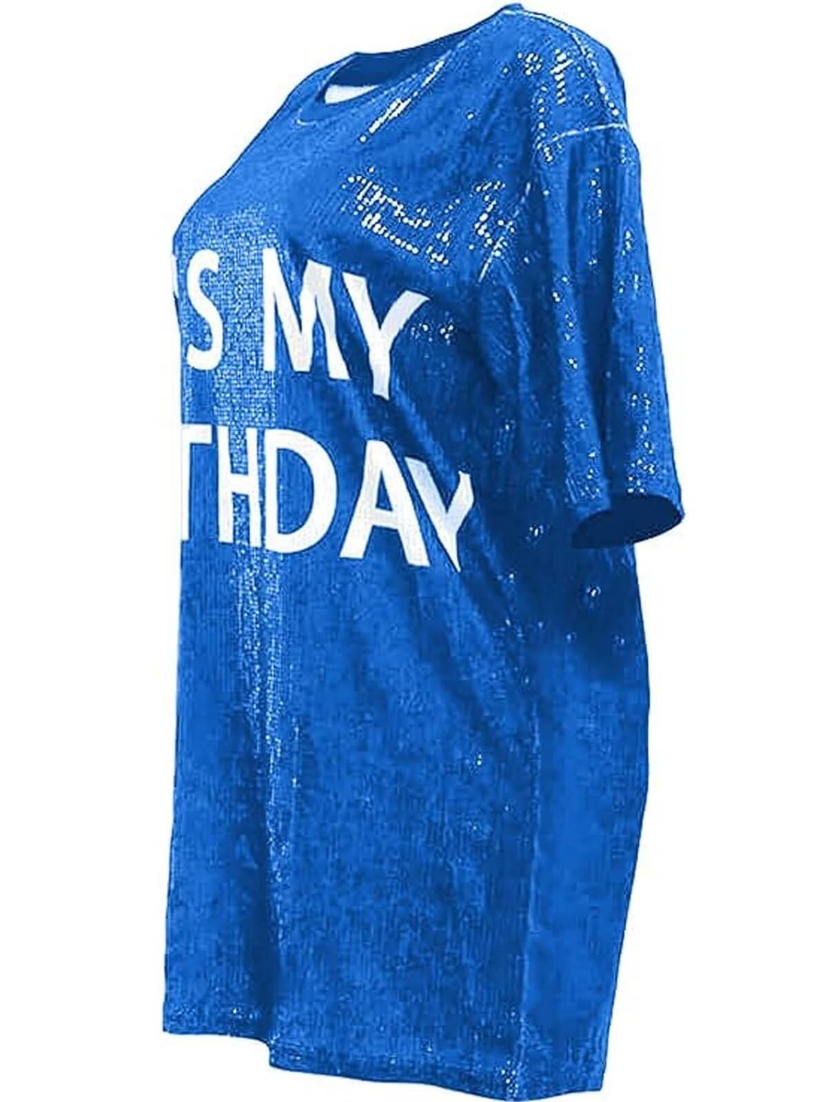 KIRJAUDU Women Sequin Glitter Letter Print 3/4 Sleeve Round Neck Party Club Mini T Shirt Dress Blue M