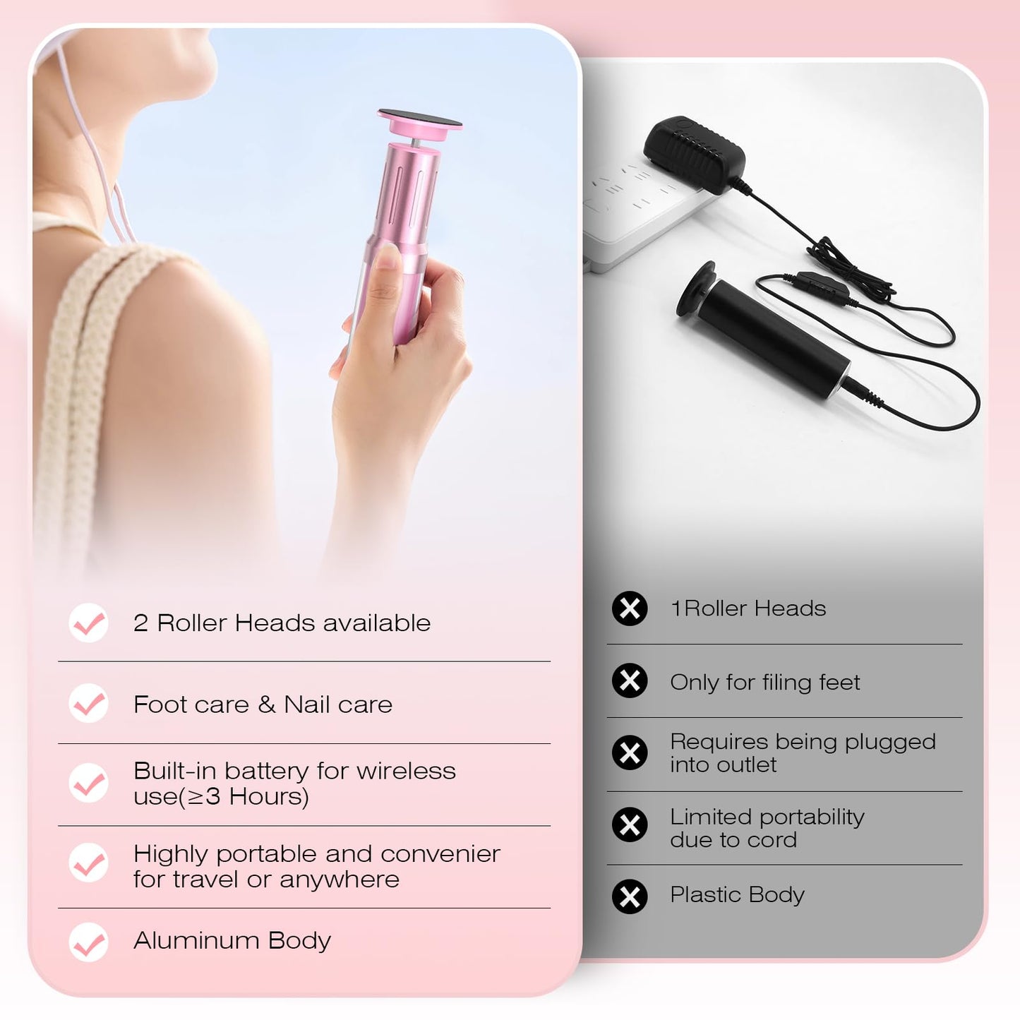 ANI·DIO Electric Foot Callus Remover,2 in 1 Cordless Rechargeable Foot File & Nail Sander,6 Adjustable Speeds,40 Sanding Bands, 1200mAh Battery,Ergonomic 5.9" Handle,Travel Essentials (Pink, M)