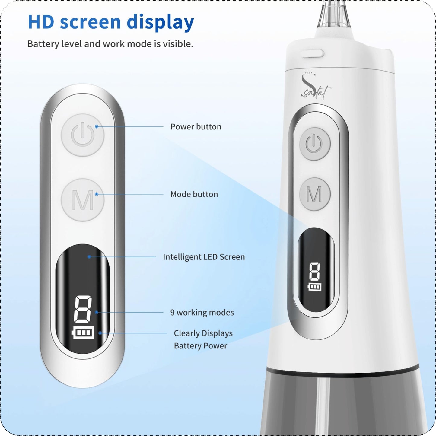 Sadat Cordless Water Dental Flosser – 9 Modes, LED Screen, 300ML Portable Oral Irrigator, Rechargeable & IPX7 Waterproof, Teeth Cleaning Picks for Home & Travel White