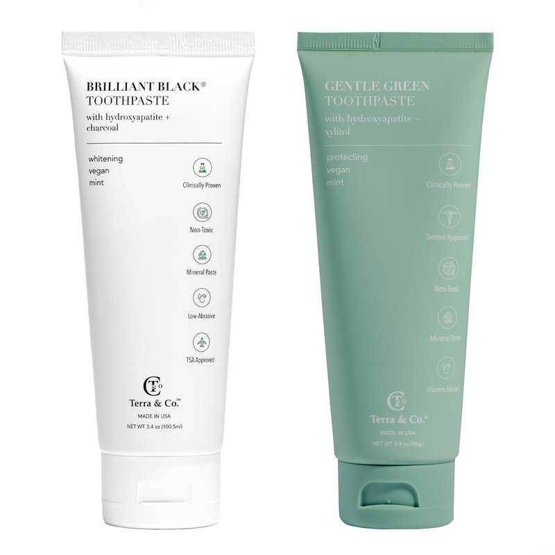 Terra & Co. Toothpaste Combo - Brilliant Black & Gentle Green Formulas for Sensitive Teeth - US-Made - Natural, Vegan, Remineralizing Micro-Hydroxyapatite - Fluoride-Free & SLS-Free - Mint, 3.4 Oz
