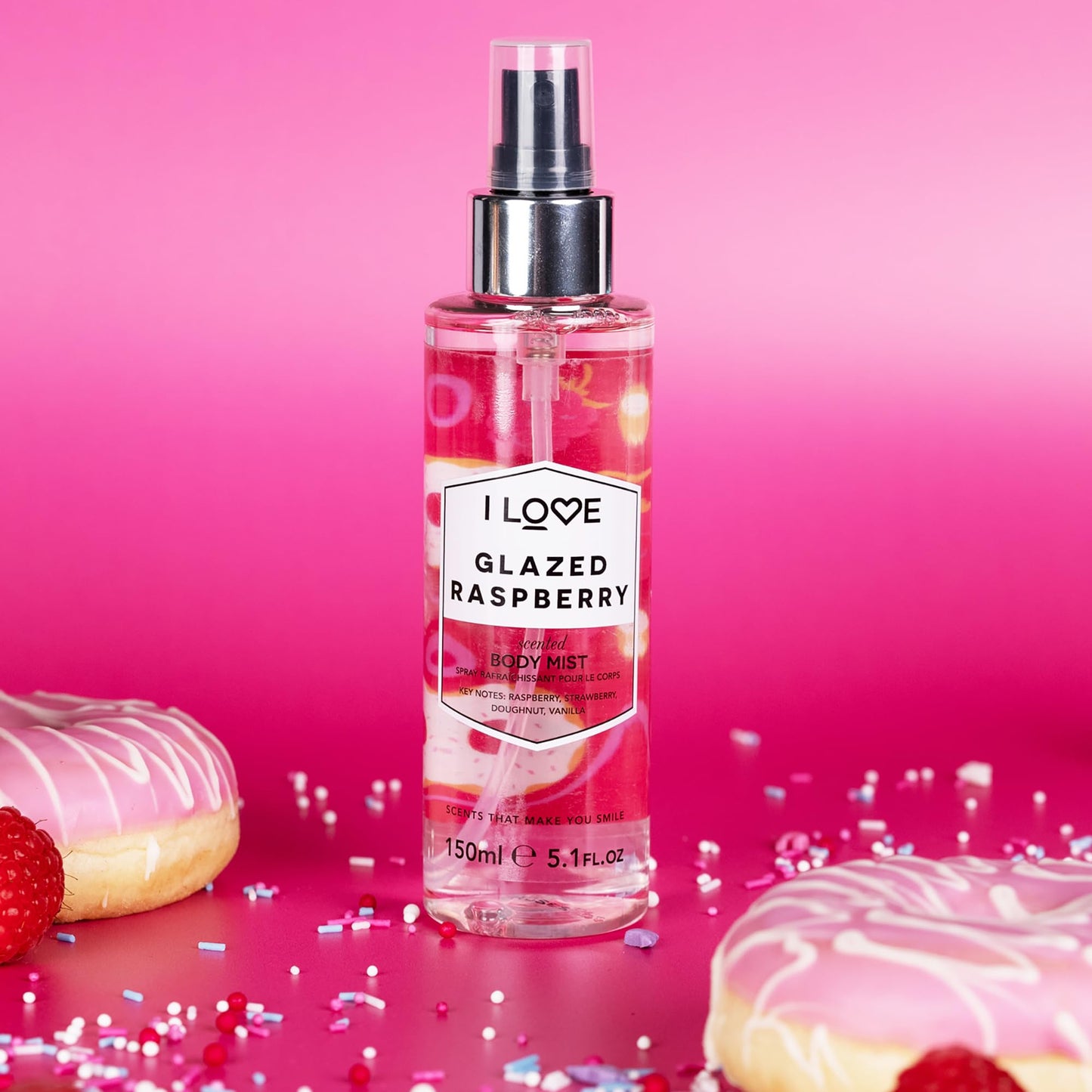 I Love Cosmetics Body Mist Gift Set - Glazed Raspberry, Violet Dreams, English Rose, Vanilla Milk, and Exotic Fruit - Long Lasting Body Sprays - 5 pc
