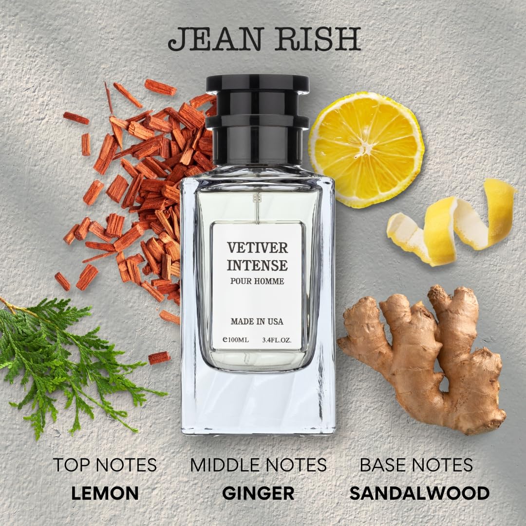 Jean Rish Vetiver Intense Perfume for Men Eau De Parfum, Long-Lasting Luxury Fragrance, Made In USA - Lemon, Mint, Bergamot, Ginger, Sandalwood Scent - 100ml / 3.4 oz
