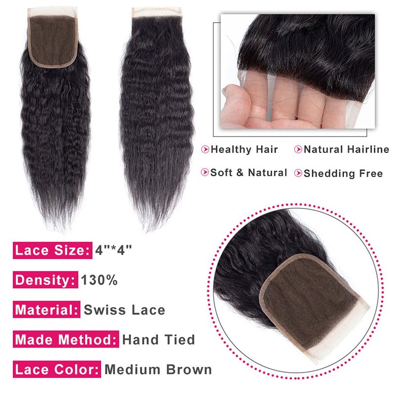 Brazilian Kinky Straight 4x4 Lace Closure 100% Unprocessed Human Virgin Hair Pre Plucked Coarse Italy Yaki Pre-Plucked Hairline Closure Natural Black With Baby Hair (14inch, kinky straight closure)