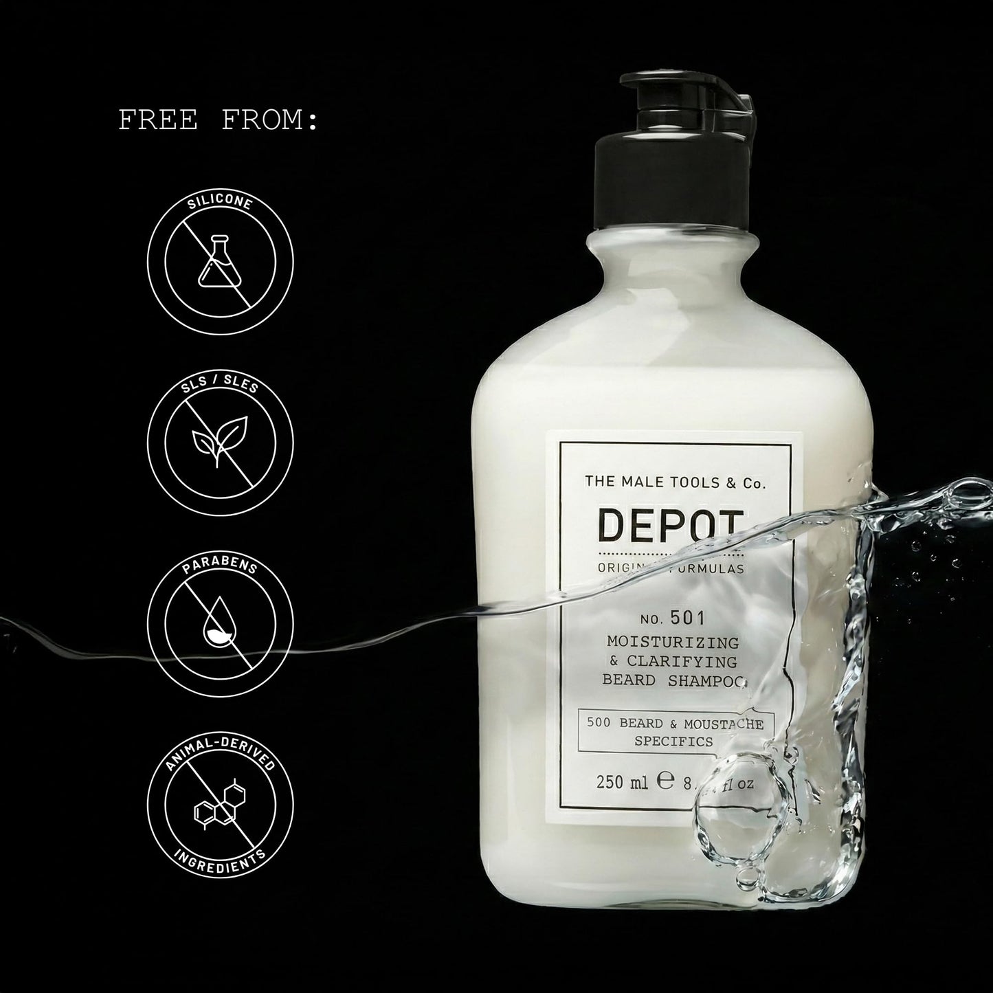 DEPOT No. 501 Moisturizing & Clarifying Beard Shampoo 250ml – Gentle Cleanse with Aloe Vera, Mint Oil & Pro-Vitamin B5 for Hydrated, Soft, Well-Groomed Facial Hair
