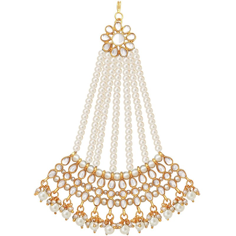 Aheli Faux Kundan Pearls White Maang Tikka Matha Patti Indian Traditional Bollywood Jewelry Gift for Women