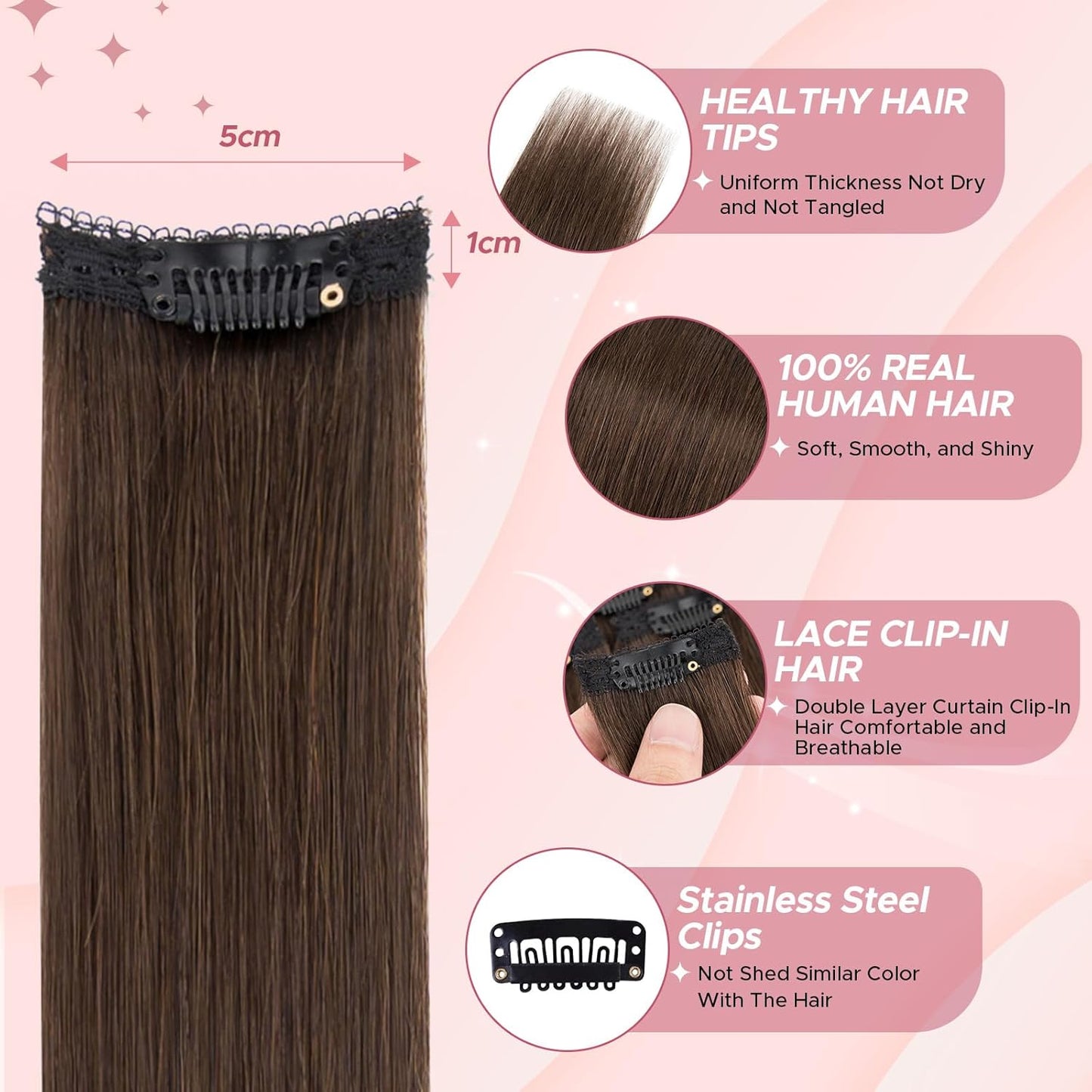 Clip-In Hair Extensions - Real Human Hair, 12 Inch, Dark Brown, Straight | Add Volume & Length for Daily Wear