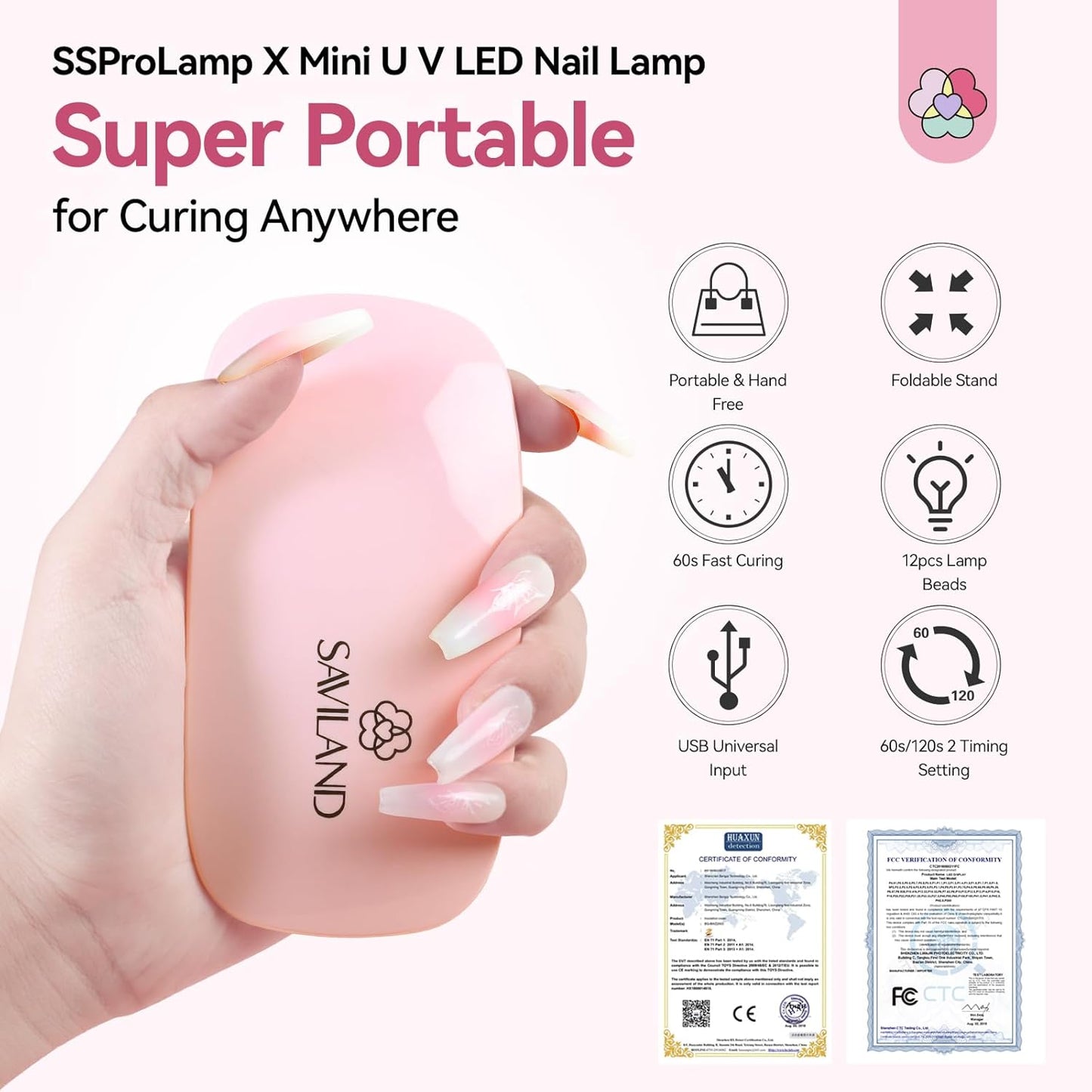 Saviland Mini Nail Lamp, Quick-Dry Gel Nail Lamp 16W, Portable U V Light for Easy and Fast Nail Extension, U V LED Curing Lamp for Manicure Starters DIY Nail Art