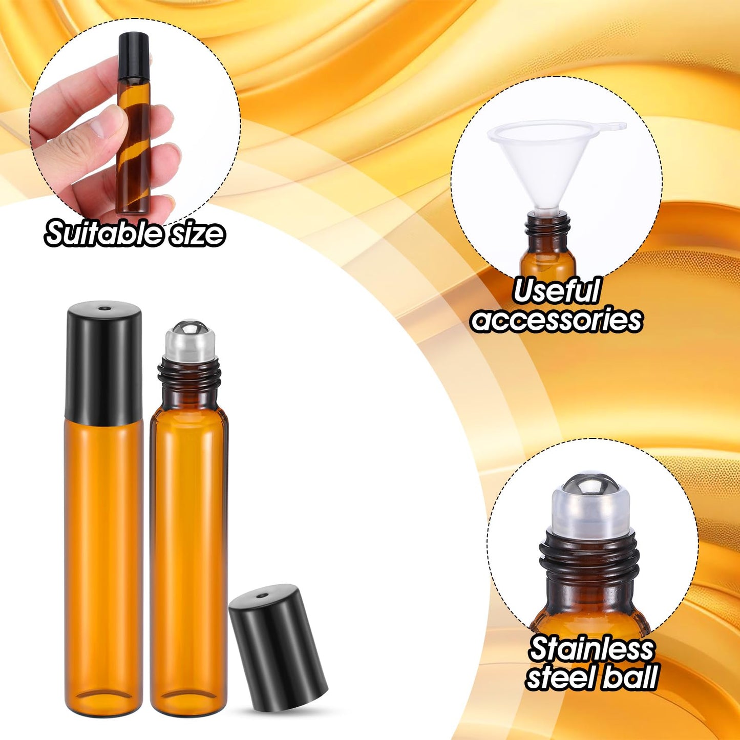 mekueeex 100 Pcs Essential Oil Roller Bottles 10ml Empty Glass Roller Bottles with Stainless Steel Balls Protection Leakproof with 5 Funnel for Travel Perfume Lip Gloss (Brown)