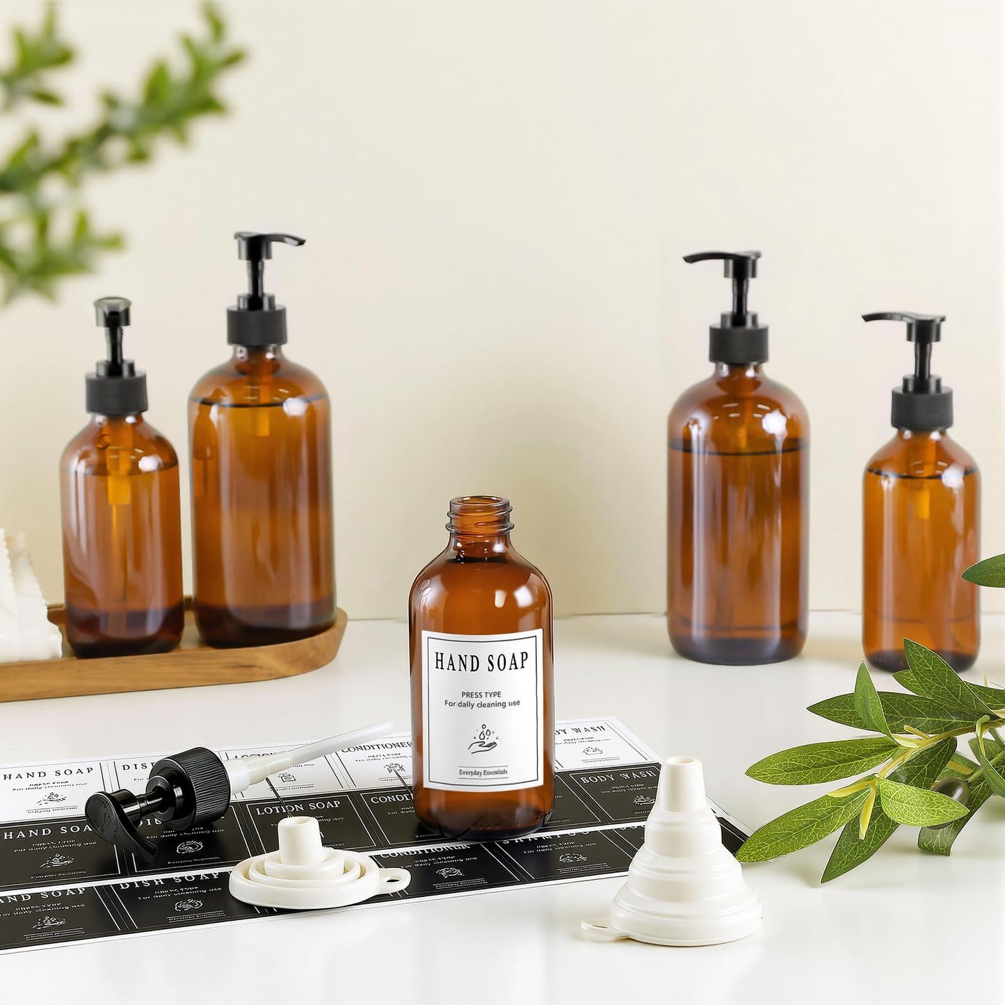12 Pack Amber Glass Bottles 8oz with Pump Dispensers, Refillable Empty Pump Bottles for Bathroom, Kitchen, Shampoo, Soap, Lotion – Includes 2 Funnels & 12 Labels