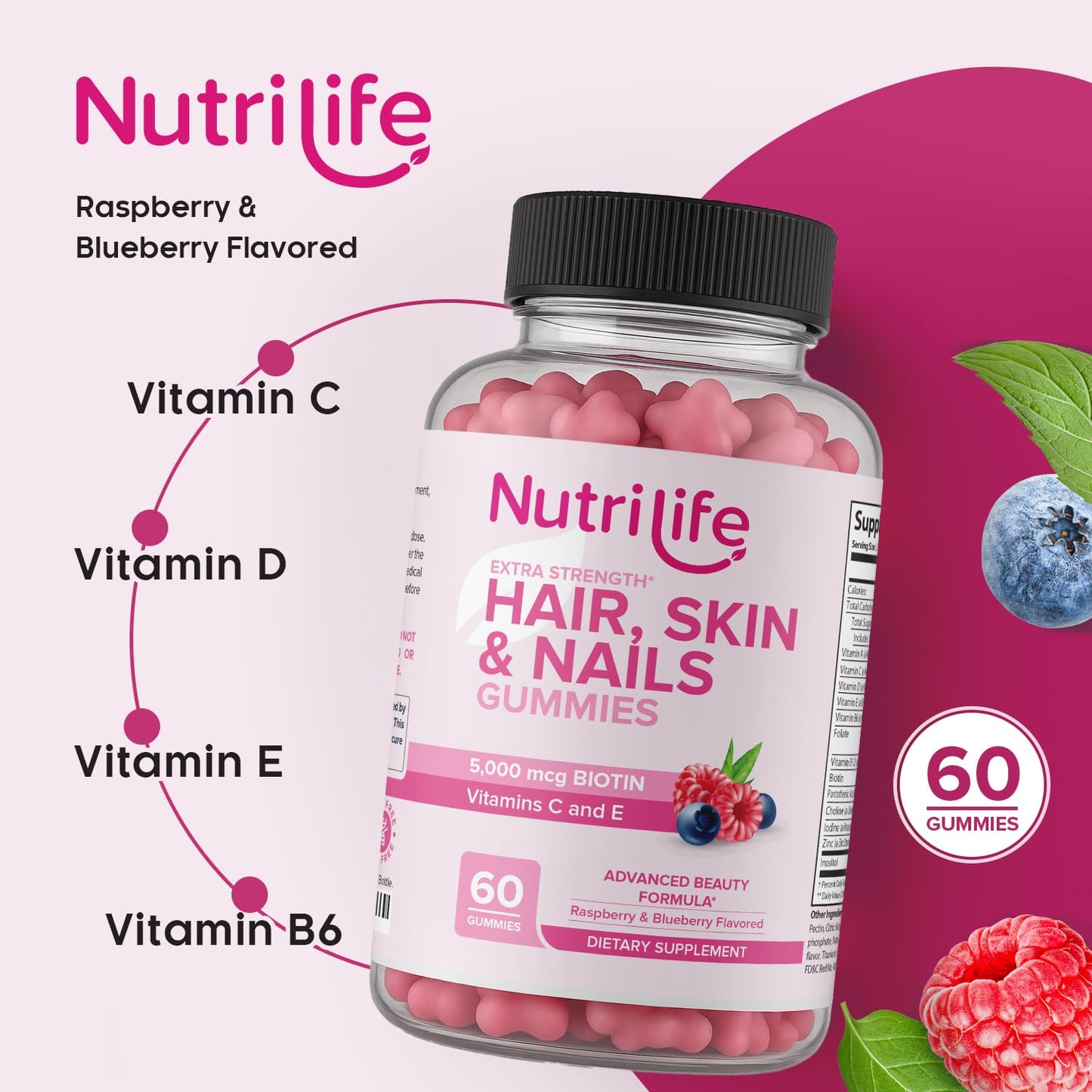 NutriLife Advanced Hair, Skin & Nails Gummies – Biotin with Vitamin C & E – Vegan Beauty Support – Promotes Hair Growth, Strong Nails & Radiant Skin – Non-GMO, Gluten-Free, Made in USA