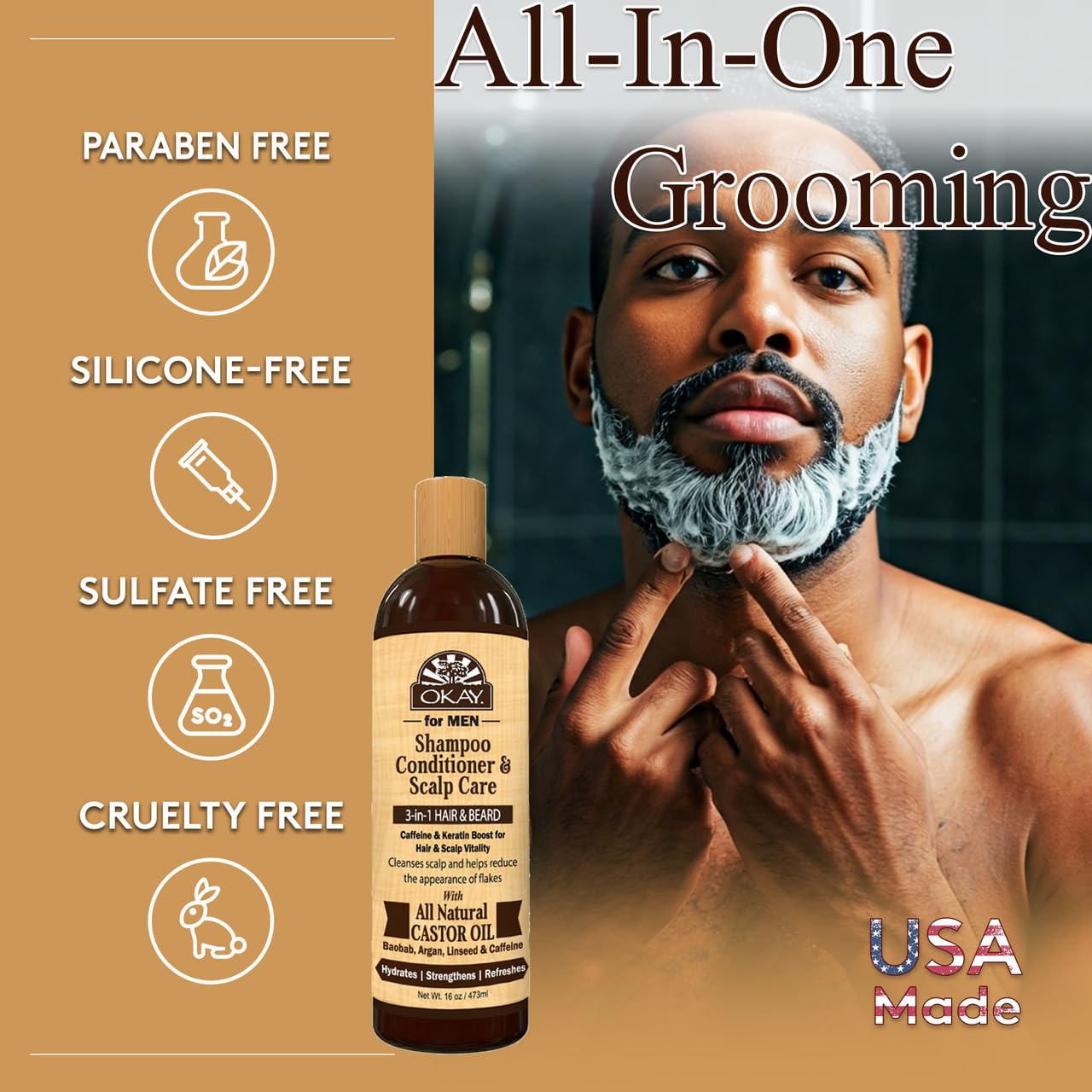 OKAY-MEN 3 in 1 Shampoo and Conditioner - Castor Oil Shampoo and Conditioner, Beard Wash, Clarifying Treatment for Dry Damaged Hair, Dandruff, Curly Hair - 16 Fl Oz (Pack of 2)