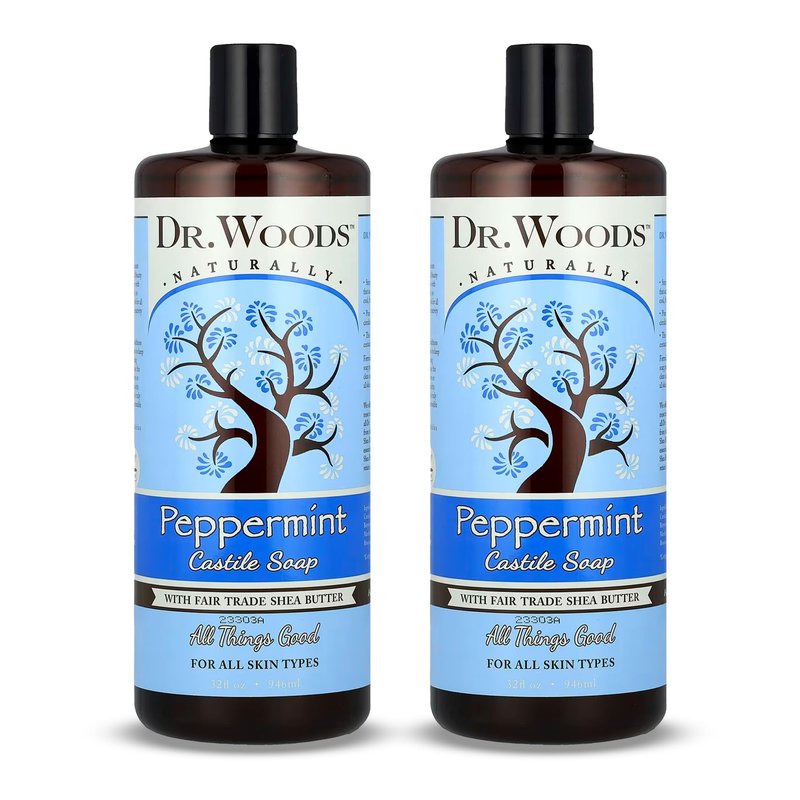 Dr. Woods Peppermint Liquid Castile Soap- Castile Soap with Pure Peppermint Oil, Body Wash for Men and Women, Organic Shea Butter, Natural Cleaner for Face, Hands, and Body - 32 Fl Oz, Pack of 2