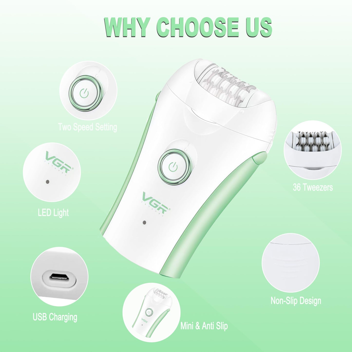 Epilators Hair Removal for Women, Glabrouse Skin Facial Hair Removal, Facial Hair Epilator with Eyebrow Trimmer for Women Face Sensitive Skin for Bikini, Face, Arm, Legs, Armpits, Green