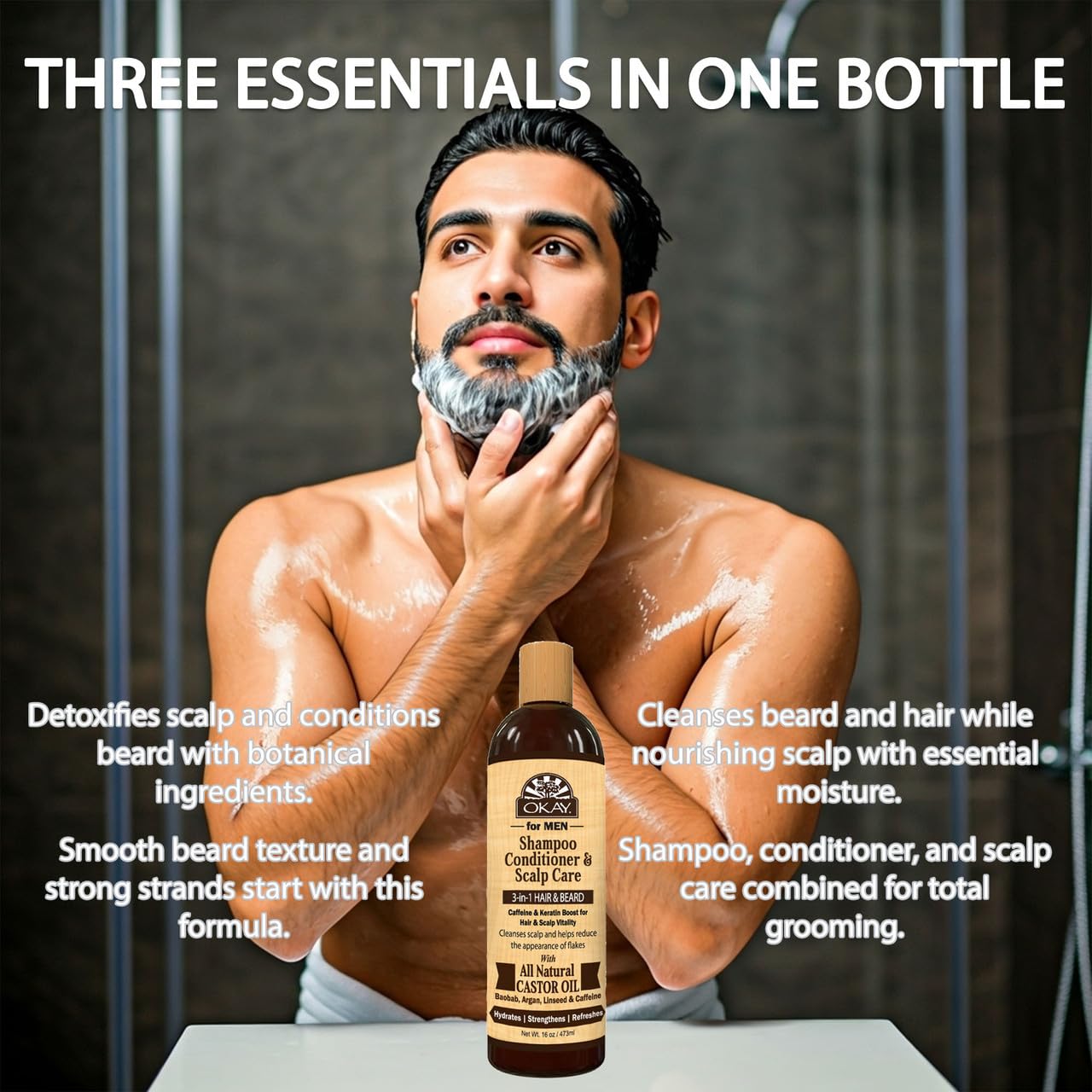 OKAY-MEN 3 in 1 Shampoo and Conditioner - Castor Oil Shampoo and Conditioner, Beard Wash, Clarifying Treatment for Dry Damaged Hair, Dandruff, Curly Hair - 16 Fl Oz (Pack of 2)