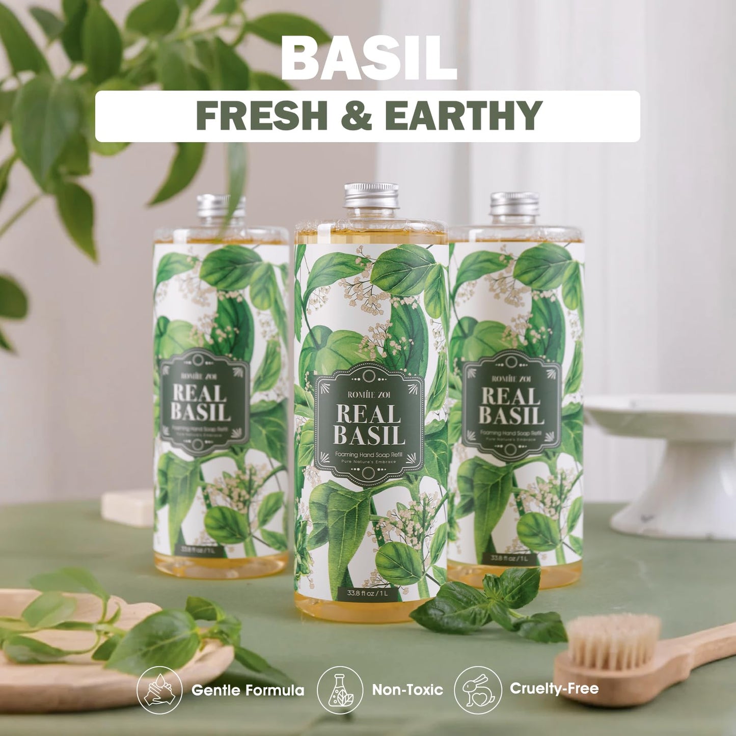 ROMIIE ZOI Foaming Hand Soap Refill Set, Basil,3 Pack,33.8 fl oz