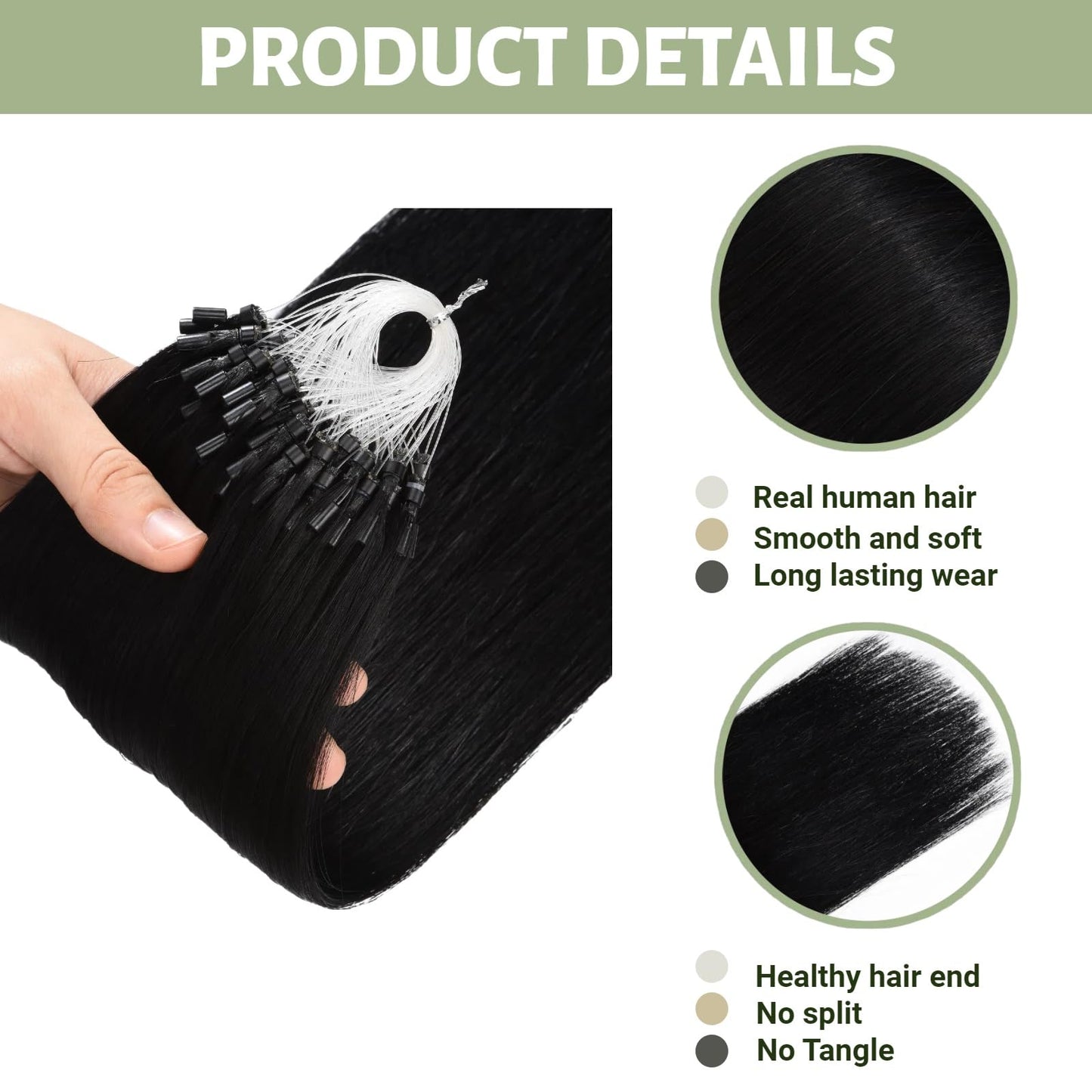 Microlink Hair Extensions Human Hair Jet Black Micro Loop Human Hair Extensions 16 Inch #1 Microbead Hair Extension for Women 100s, 50g Bead Hair Extension