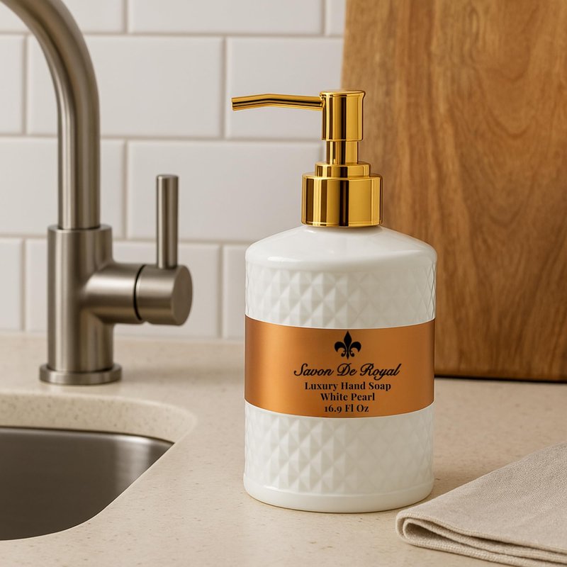 Savon De Royal Luxury Liquid Hand Soap, Musk - Vanilla Scent, Moisturizing Vegan Kitchen & Bathroom Soap for Hand Wash, Gentle & Nourishing Formula, Refillable Bottle 16.9 Fl Oz, White Pearl