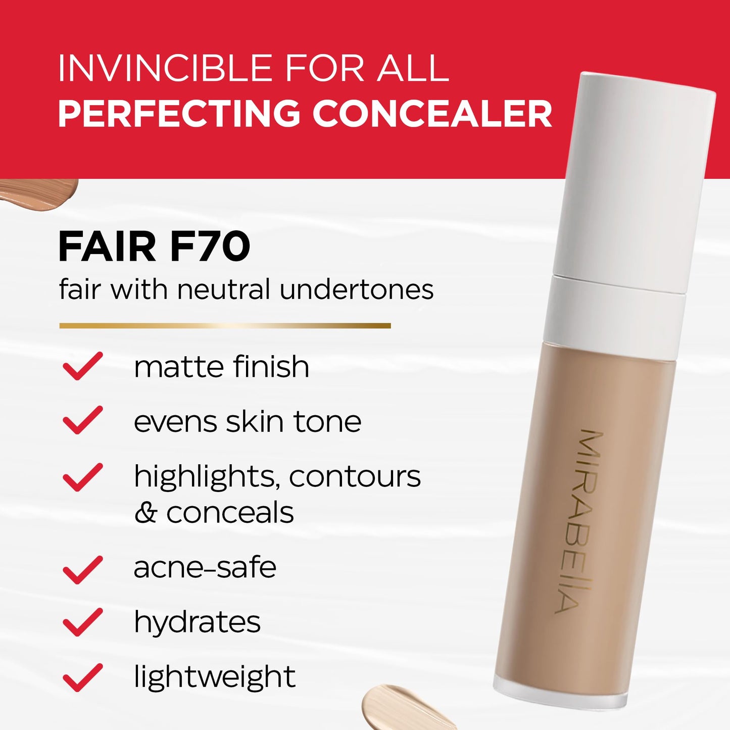 Mirabella Invincible For All Perfecting Under Eye Concealer Full Coverage - Hydrating Makeup Concealer for Dark Circles, Fine Lines & Wrinkles w/Hyaluronic Acid - Fair F70