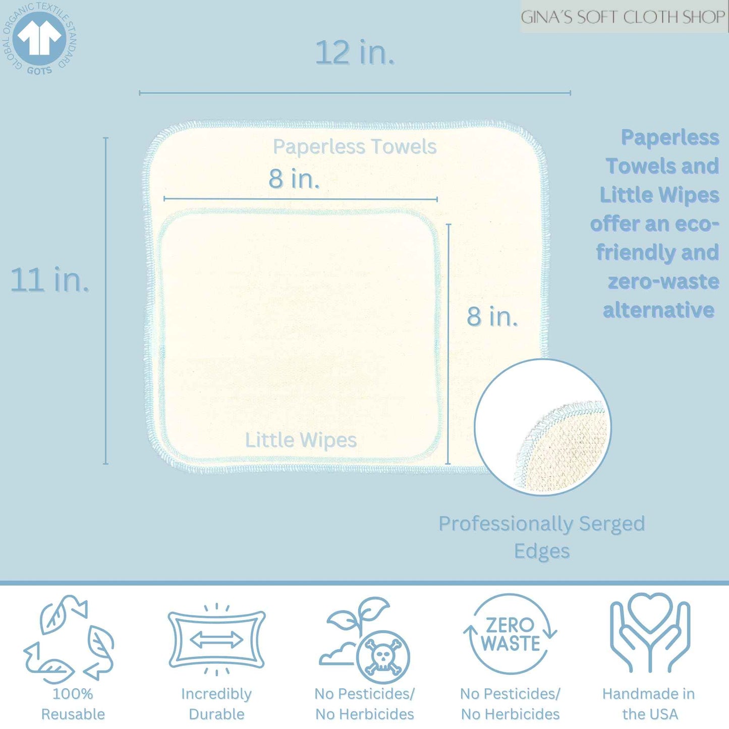 Gina's Soft Cloth Shop 1 Ply Organic Cotton Flannel Washable Baby Wipes 8 x 8 Inches Set of 10 Blues and Greens Handmade in the USA!