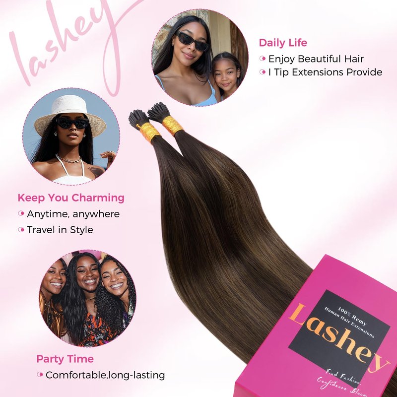 Lashey I Tip Hair Extensions Human Hair Dark Brown To Chestnut Brown 14 Inch Straight 50g 100s Pre Bonded I Tips for Women