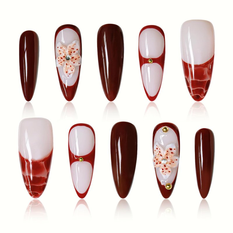 Handmade Burgundy Glossy Stiletto Press-On Nails - 3D Flower Rhinestone Design | Reusable Fake Nails for Women (Size M)