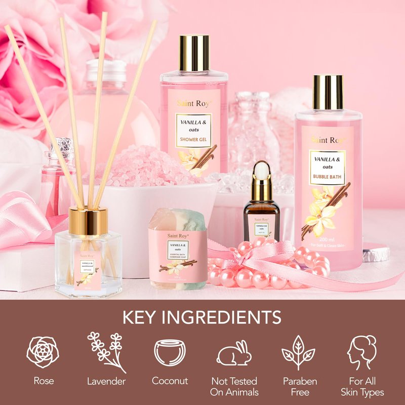 Mothers Day Gifts for Women Spa Gift Basket Vanilla Oat 16 Pcs Bath Scents for Women,Bath Gift Set Enriched essential oil, Home Spa with Shower Gel, Body Oil, Diffuser, Shower Steamer spa kit Mom