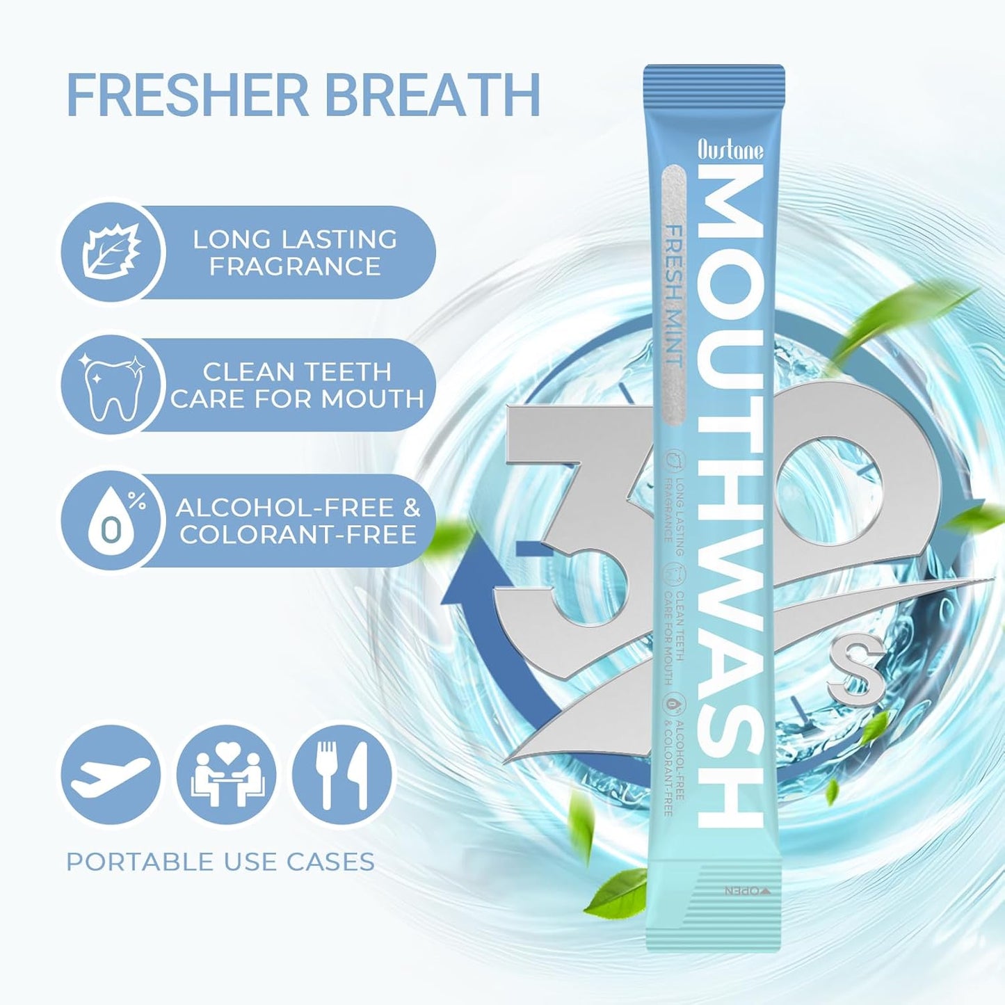 Fresh Mint Mouthwash - Alcohol-Free Travel Size Packets | 15ml, Long-Lasting Freshness (20 Pack)